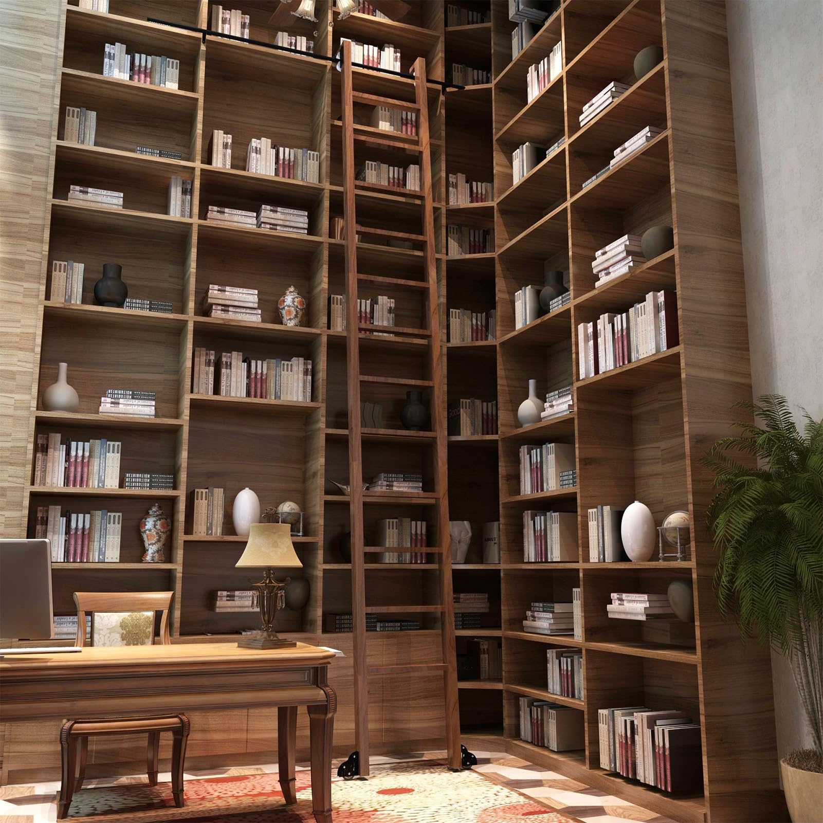 Kit de rieles para escalera de Biblioteca con ruedas, escalera deslizante Negra, herrajes completos para hogar, cocina y vinoteca, riel con ruedas para piso (sin escalera