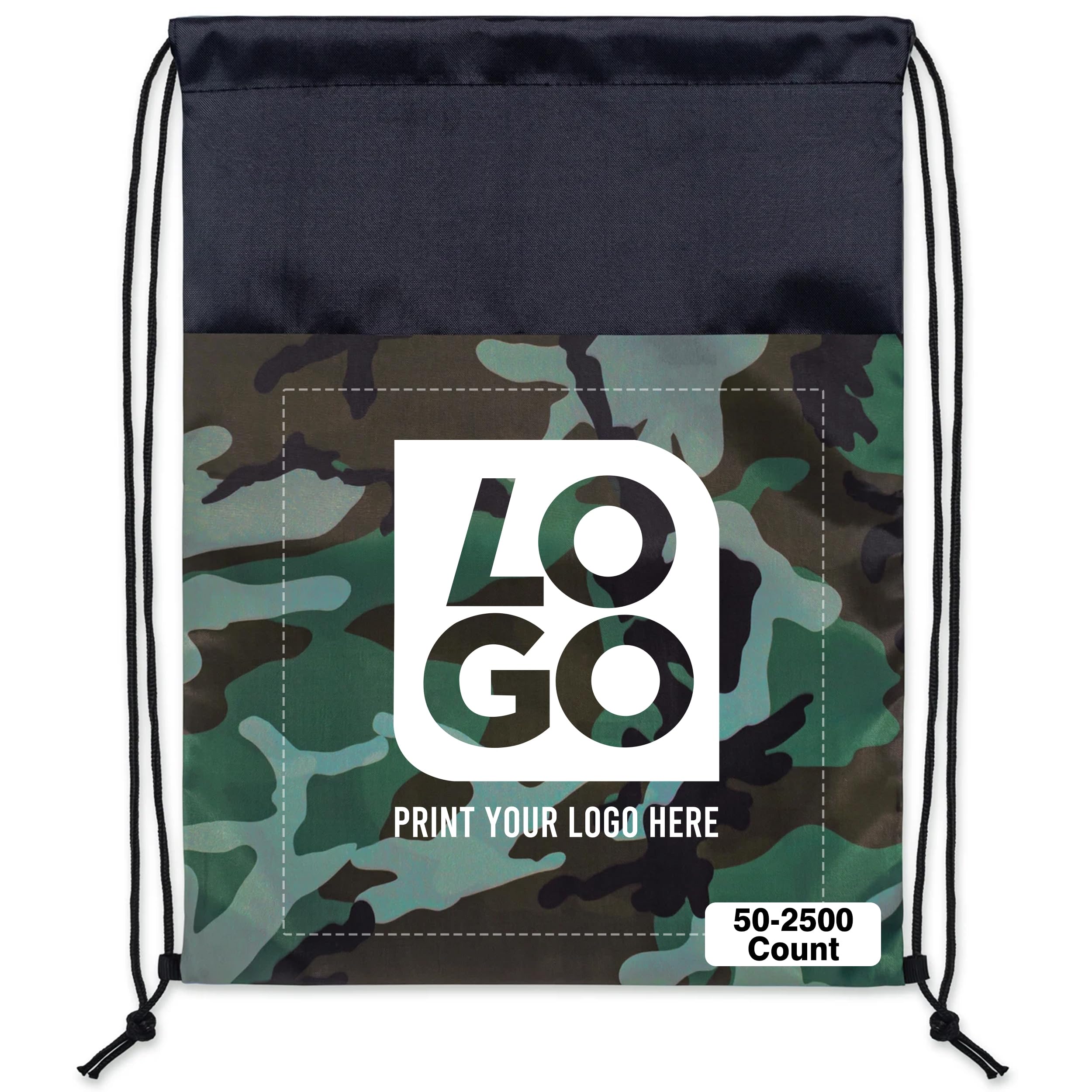 USMG 50 CT. One Color Print Custom Colored Camo Drawstring Backpack Tote Bags, Workout Bag String Bag For Promotional Gifts (Camo - Black)