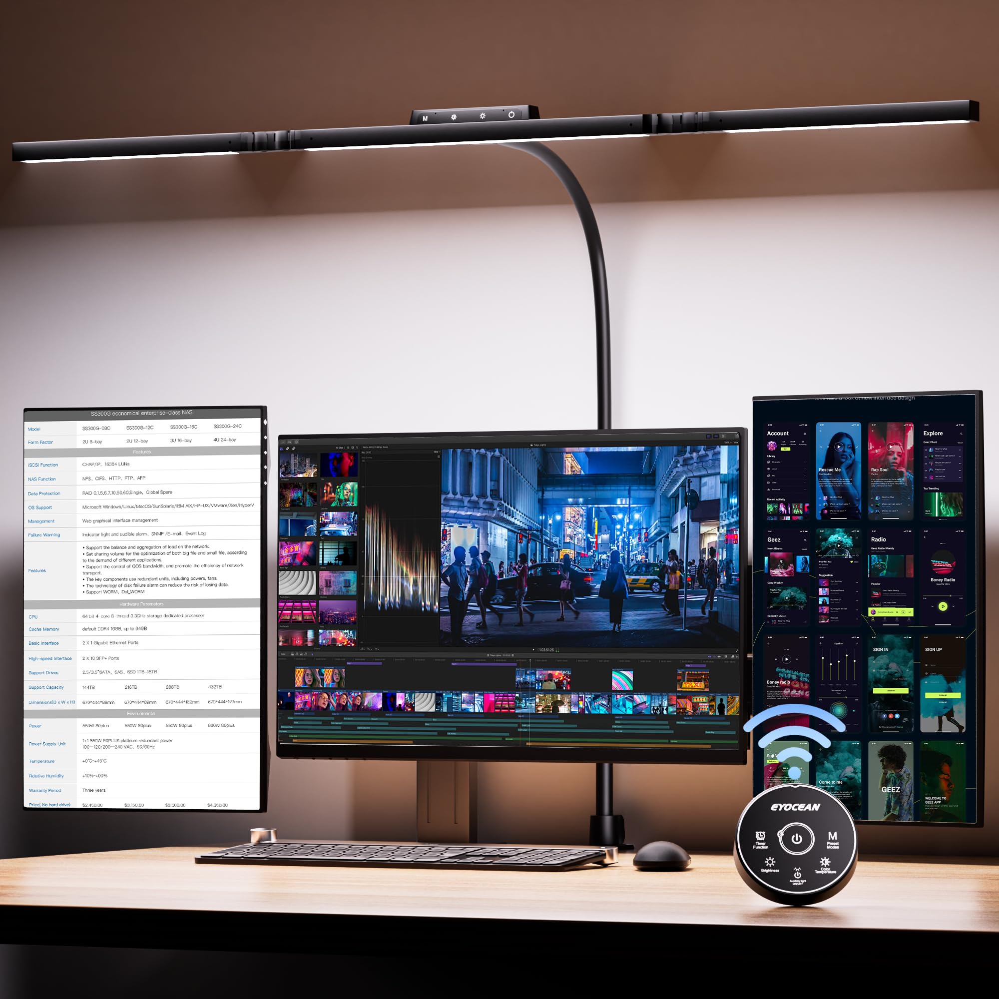 EYOCEAN Schreibtischlampe, Schreibtischlampe mit 3 Lichtquellen, 24W 100cm Tageslichtlampe Schreibtisch mit Fernbedienung, Dimmbare Monitor Lampe, Schwanenhals Büro Tischlampe