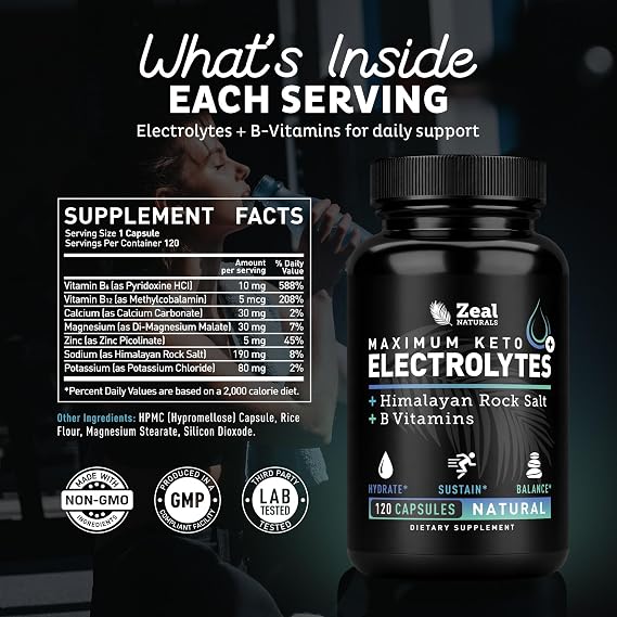 Zeal Keto Electrolyte Capsules - 120 Capsules | Keto Electrolytes Tablets for Rehydration | B-Vitamins + Pink Himalayan Salt | Potassium, Zinc, Magnesium, Sodium | Hydration Supplement