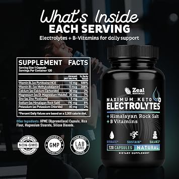 Zeal Keto Electrolyte Capsules - 120 Capsules | Keto Electrolytes Tablets for Rehydration | B-Vitamins + Pink Himalayan Salt | Potassium, Zinc, Magnesium, Sodium | Hydration Supplement