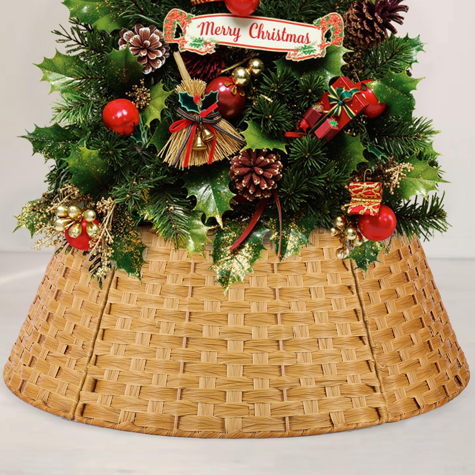 Lincordor Christmas Tree Collar for 7.5ft Trees, 27In Woven Hyacinth 4-Piece Holiday Rattan Skirt, Handcrafted Rustic Base Cover Fit 9-25in Stands