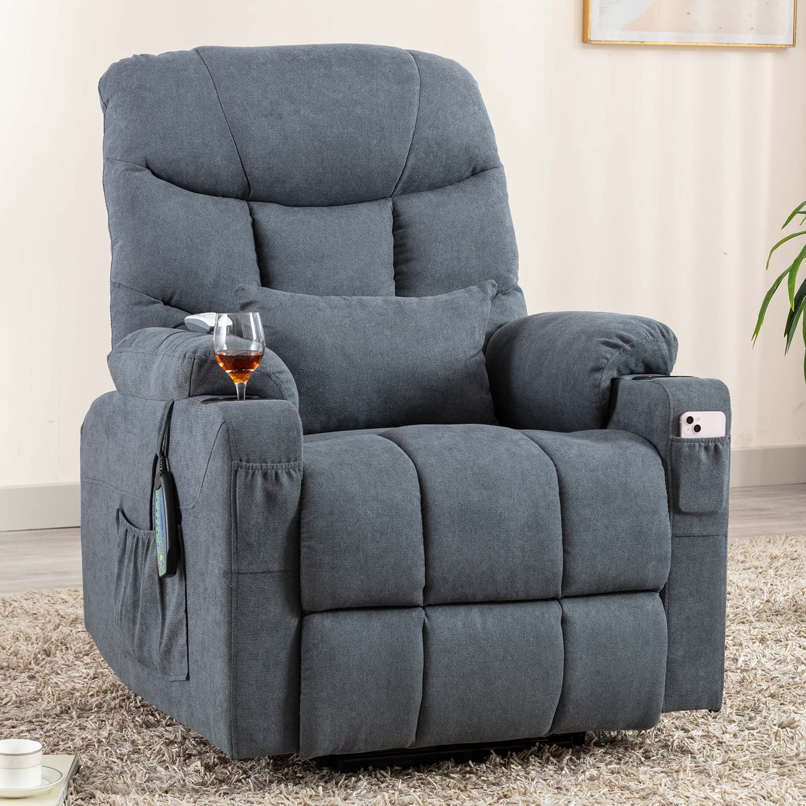 OBBOLLY Recliner Chairs Power Lift Recliner for Elderly, Electric Recliner Chair with Massage and Heat, Modern Comfortable Lift Chairs with Cup Holders, USB, Side Pockets for Living Room (Blue Grey)