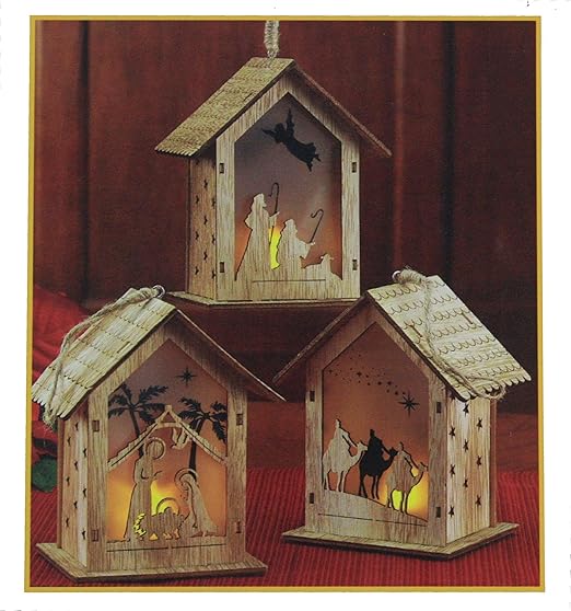 Three Kings Gifts, Cut-Out LED Light-up, Holy Family in Stable, Three Wise Men on Camels, Shepherds & Angel in Field, Wood Carved Creche, Christmas Nativity Scene Ornaments, 3-Piece Set