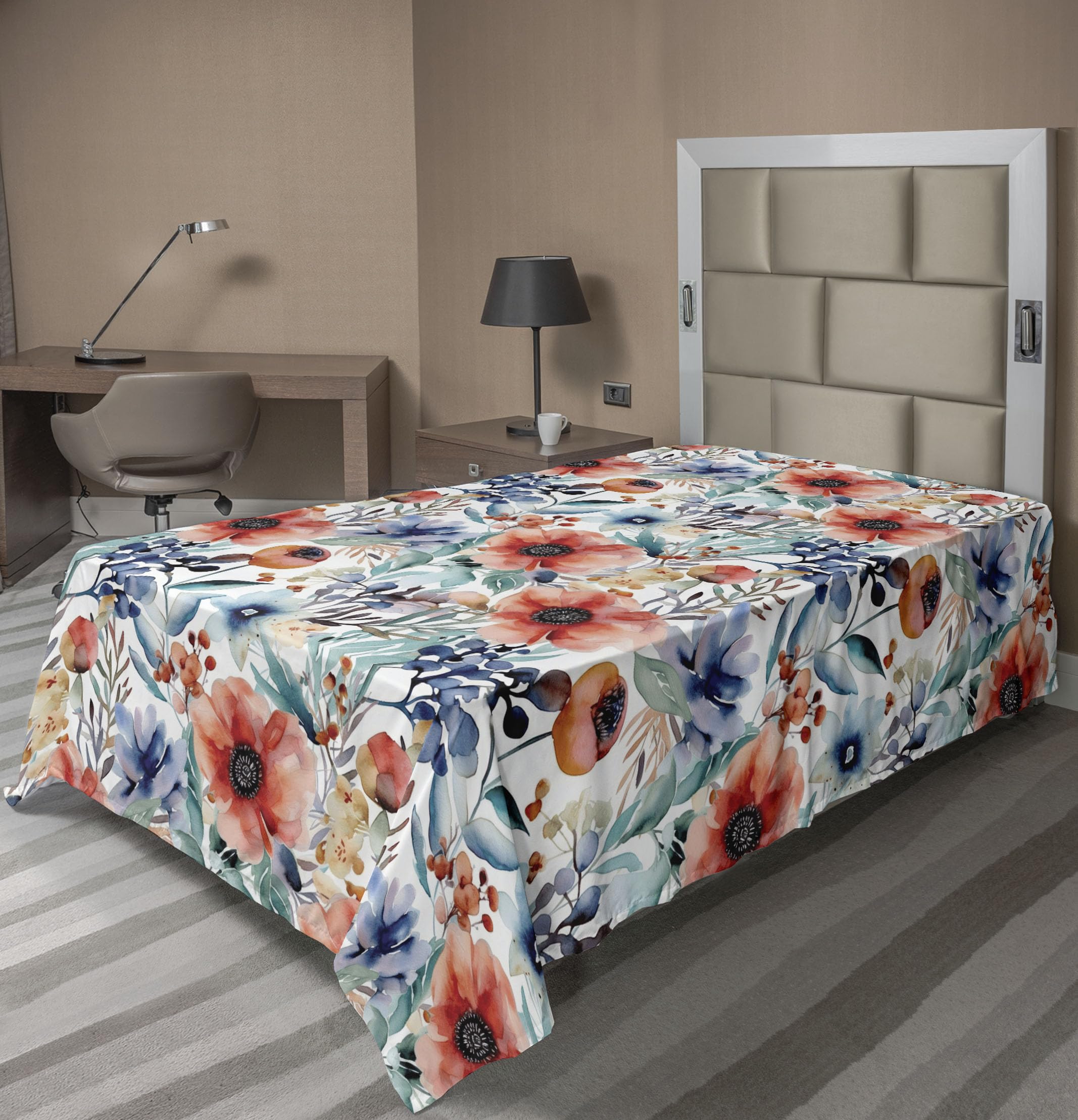 Ambesonne Flowers Flat Sheet, Spring Concept Garden Blooming Floral Pattern with Watercolor Leaves Art, Soft Comfortable Top Sheet Decorative Bedding 1 Piece, Twin Size, Dark Coral Ceil Blue