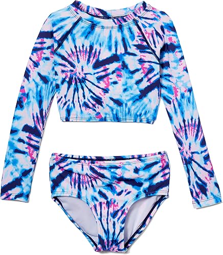 Kanu Surf Girls' Rash Guard 2-pc Swim Set, Camille Crop Denim, Large (12)