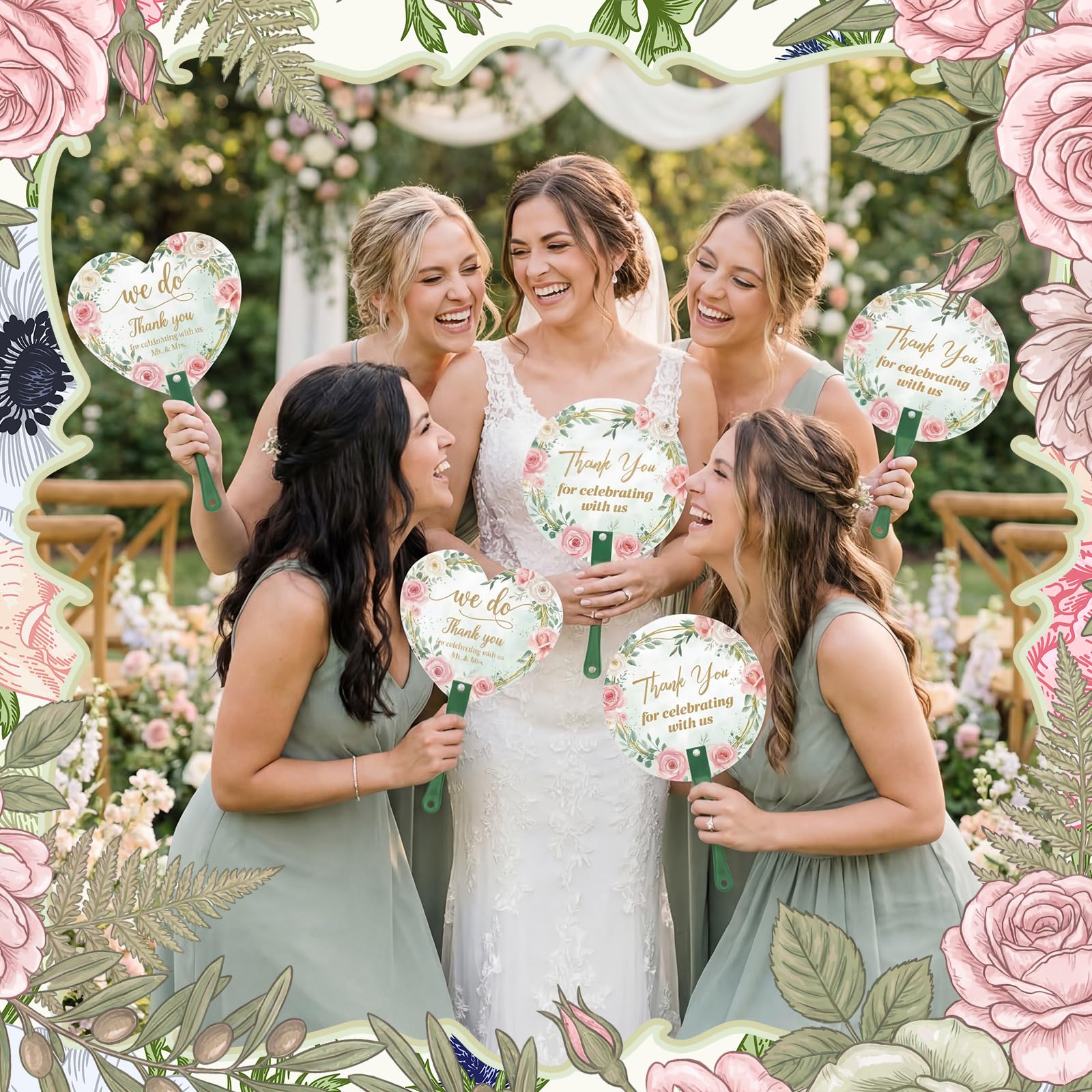 Yalikop 100 ventagli a mano per invitati al matrimonio, con foglie verdi