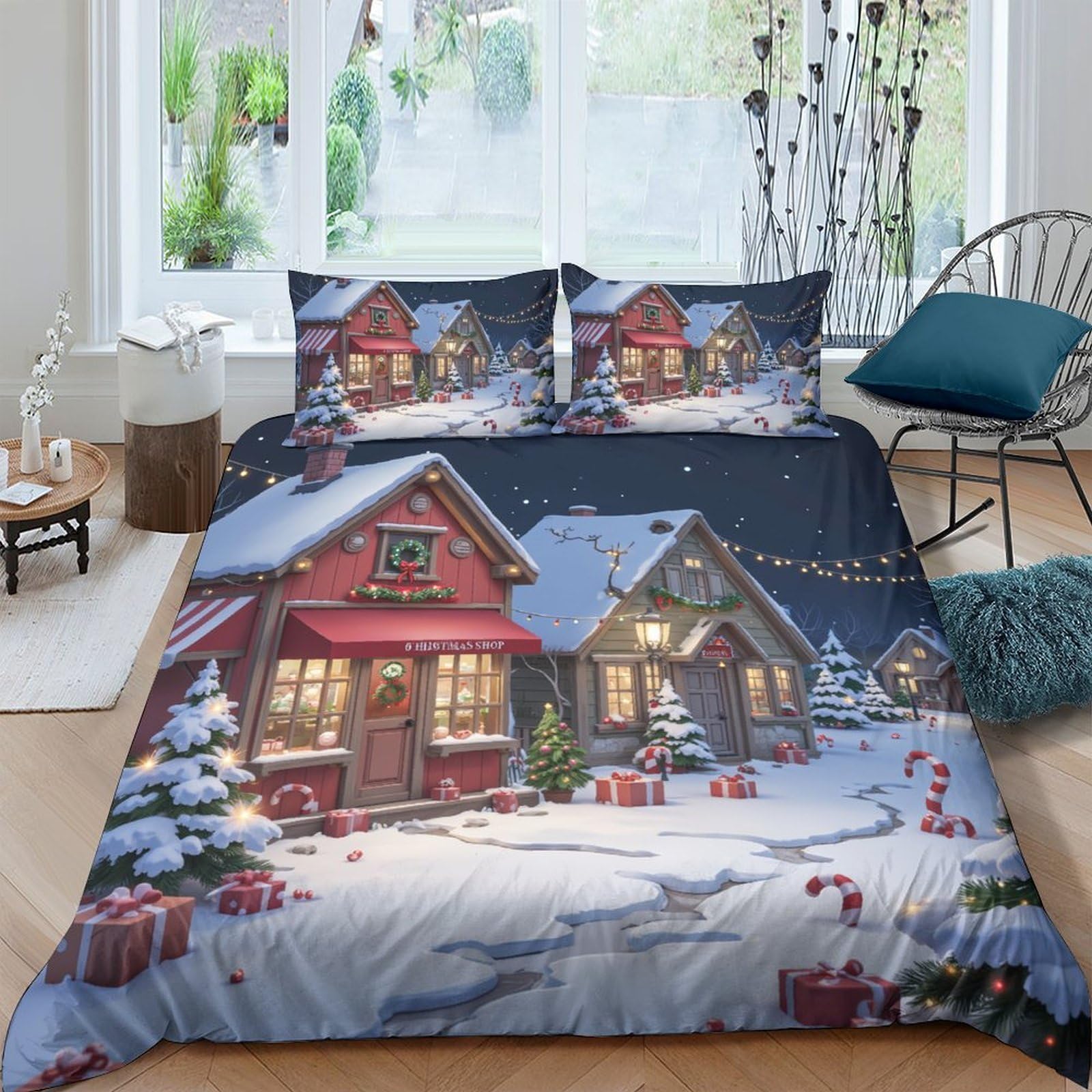 Ctjqhvkz Style-9 3D Printed Winter Cabin Fitted Sheet Microfiber Soft Snowy Village Bed Cover For Bedroom Dorm Mattress Protection Decor Single（135X200cm）