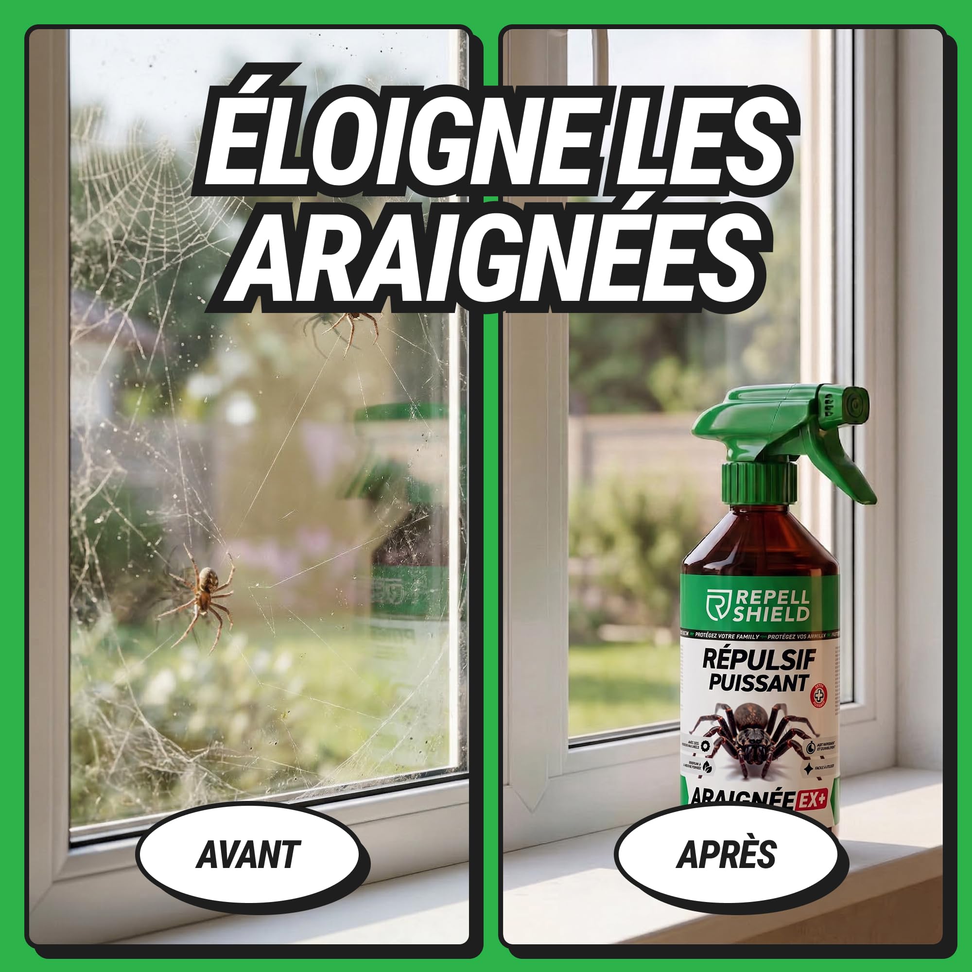 RepellShield® Spray Anti Araignées Maison & Jardin -500ml- Non Tachant, Prêt à l'Emploi, Usage Intérieur & Extérieur - Répulsif Araignée à la Menthe Poivrée, Géraniol, Extrait de Chrysanthème
