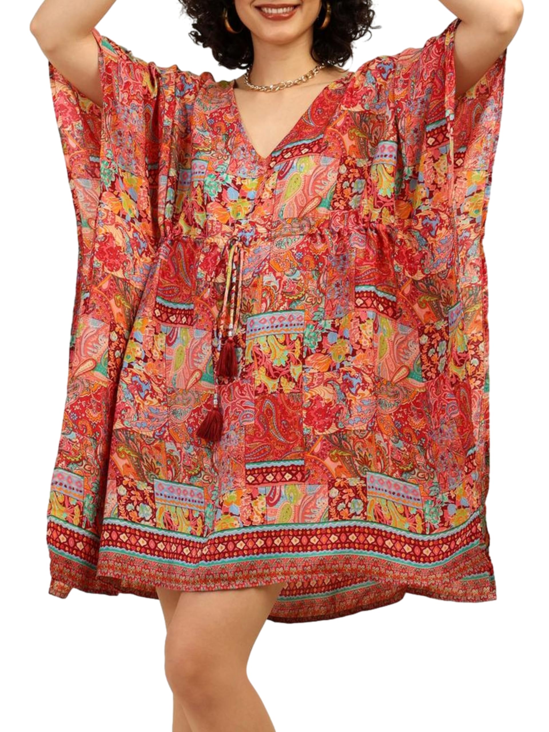 ke kanhaexports KE KANHA EXPORTS Short Kaftan for Women's & Girls Unique Border Design and Tassel Stretchable Adjustable Drawstring Free Size Western Kaftan fit Flared Floral All Seasons-picture-22
