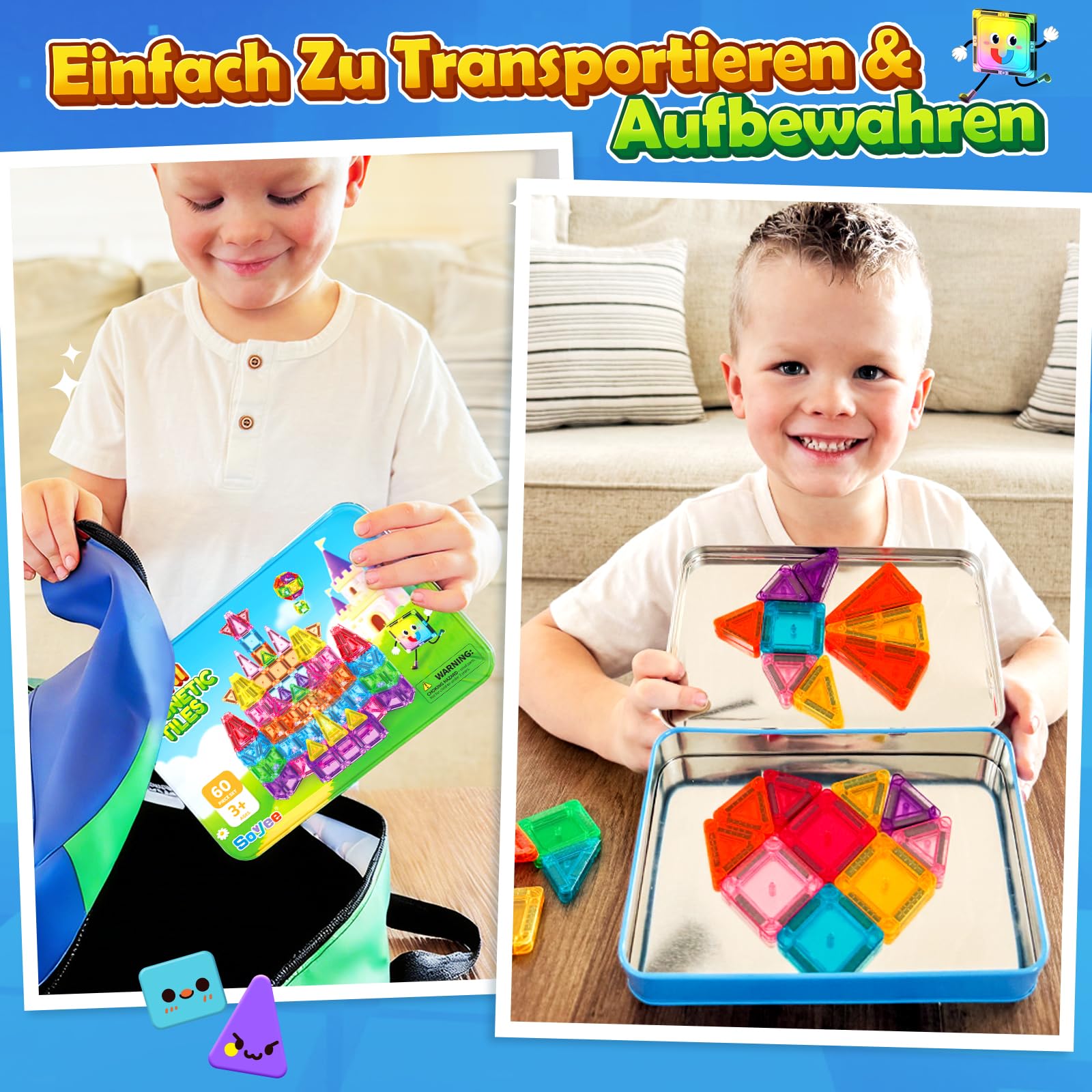 Mini Magnetische Bausteine Reiseset 60PCS mit Metallbox, STEM Lernspielzeug | Tragbares Reisespielzeug ab 3 Jahren für Kinder, STEM Bauspielzeug, Sensorik-Spielzeug, kompatibel mit Magnetbausteinen