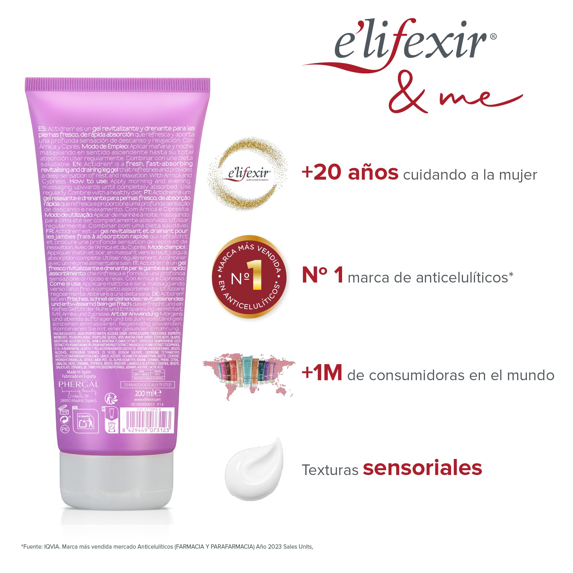 E'LIFEXIR Actidren - Gel Relajante de Piernas | Drena, Relaja y Estiliza las Piernas| Mejora la Circulación | Reduce el Volumen de Piernas y Tobillos Hinchados | 200 ml