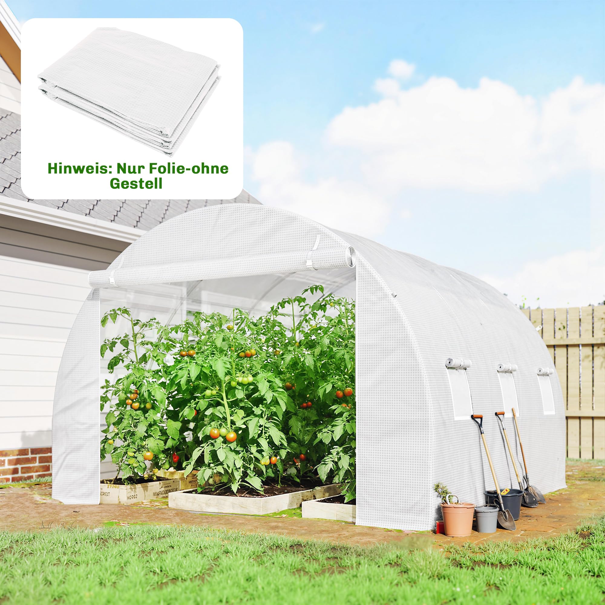 Outsunny Film de serre 3 x 3 m en polyéthylène imperméable avec porte enroulable, 6 fenêtres, protection UV, indéchirable, bâche de protection pour tunnel de jardinage, film tunnel pour extérieur
