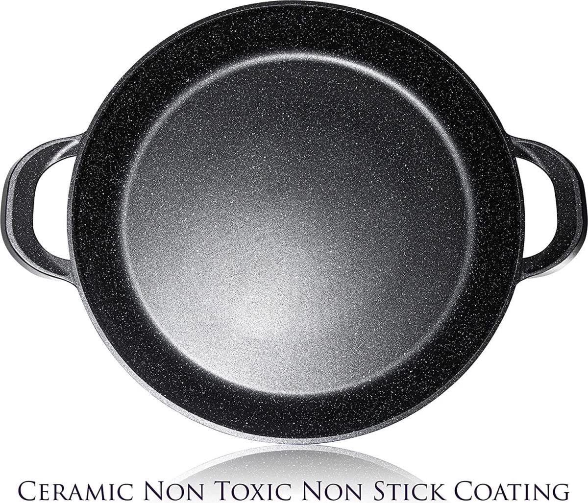 Patelnia Paella – niemiecka powłoka nieprzywierająca GREBLON powłoka marmurowa – 36 cm – do indukcji i wszystkich rodzajów ciepła – ze zdejmowanymi silikonowymi uchwytami.