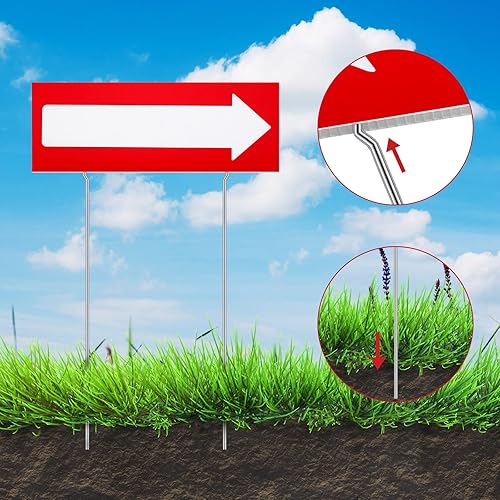 Miniatura 5 de Letrero de flecha de plástico corrugado de 17 x 6 pulgadas, letrero direccional rojo y blanco de doble cara con estacas de metal resistentes de 12