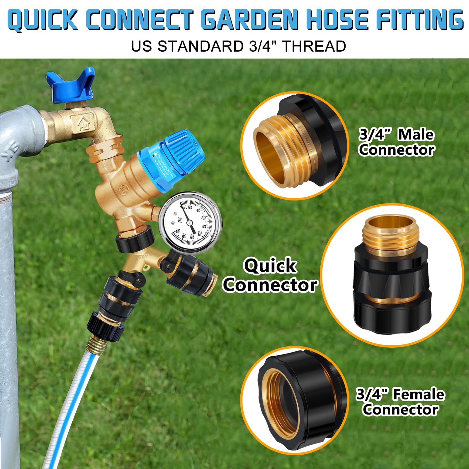 Boltigen Kit regulador de presión de agua para RV, kit de manguera de agua dulce RV con filtro de agua en línea, codo de latón, divisor de manguera, conexiones rápidas de manguera, conector flexible