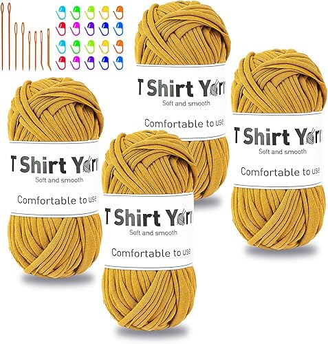 Miniatura 10 de kdafio Juego de 4 hilos para camiseta, hilo plano de ganchillo de 3.5 onzas, hilo de ganchillo de color sólido con agujas de ojos de plástico de