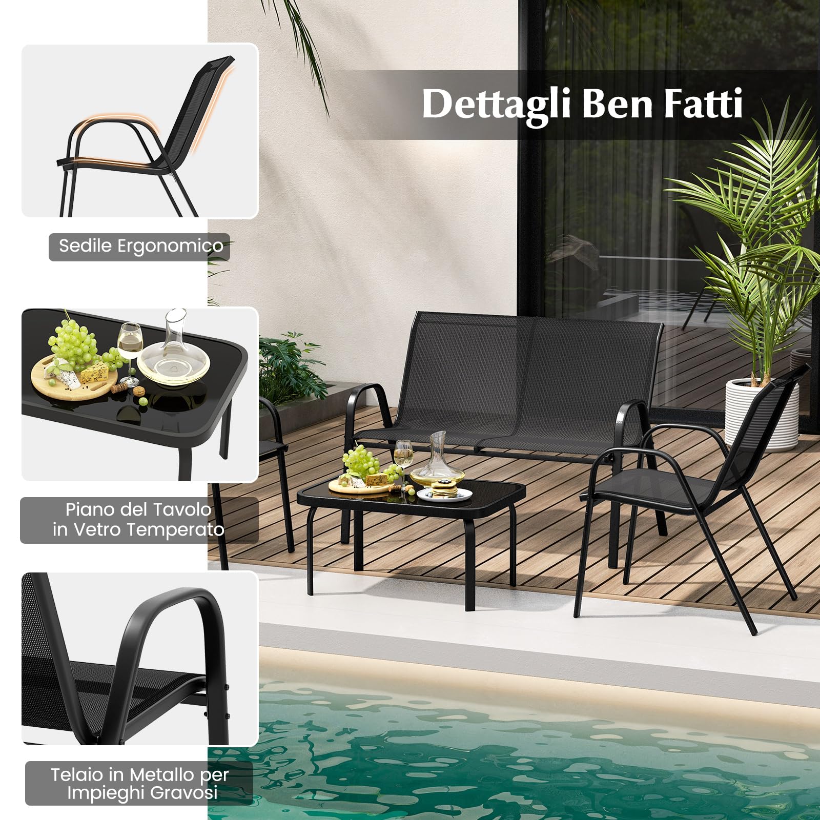 COSTWAY Set Tavolo e Poltrona da Giardino, Set di Mobili 4 Pezzi per Esterno, con Tavolino in Vetro Temperato, Panca e 2 Poltrone, per Giardino Balcone Piscina (Nero)