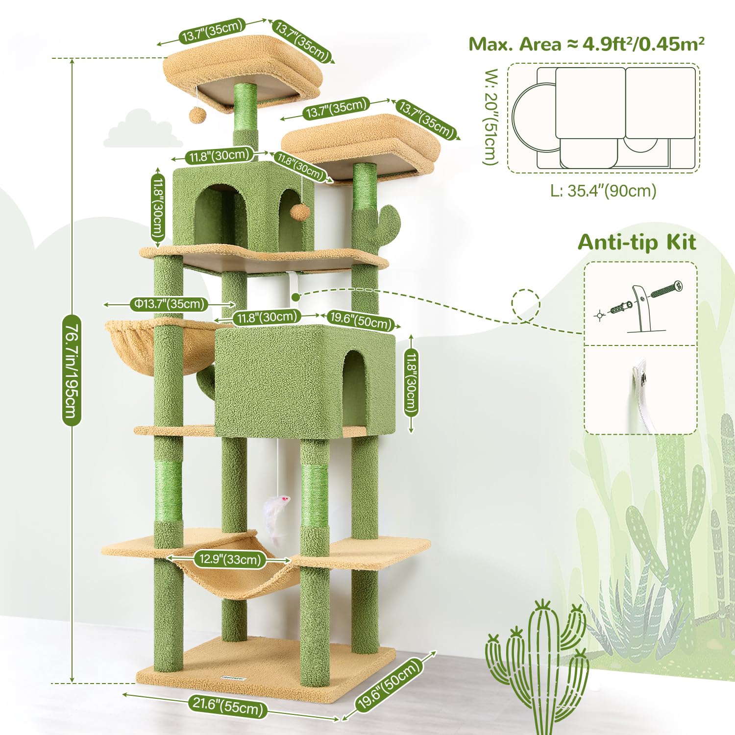 Globlazer Tiragraffi Cactus Verde per Gatti XXL 195 cm Alto con 2 Grotte, 2 Trespoli Imbottiti, Grande Amaca 50*33CM, Cesto, Stabile Tiragraffi per Gatti Adulti Riposare Giocare Interno (F76, Verde)