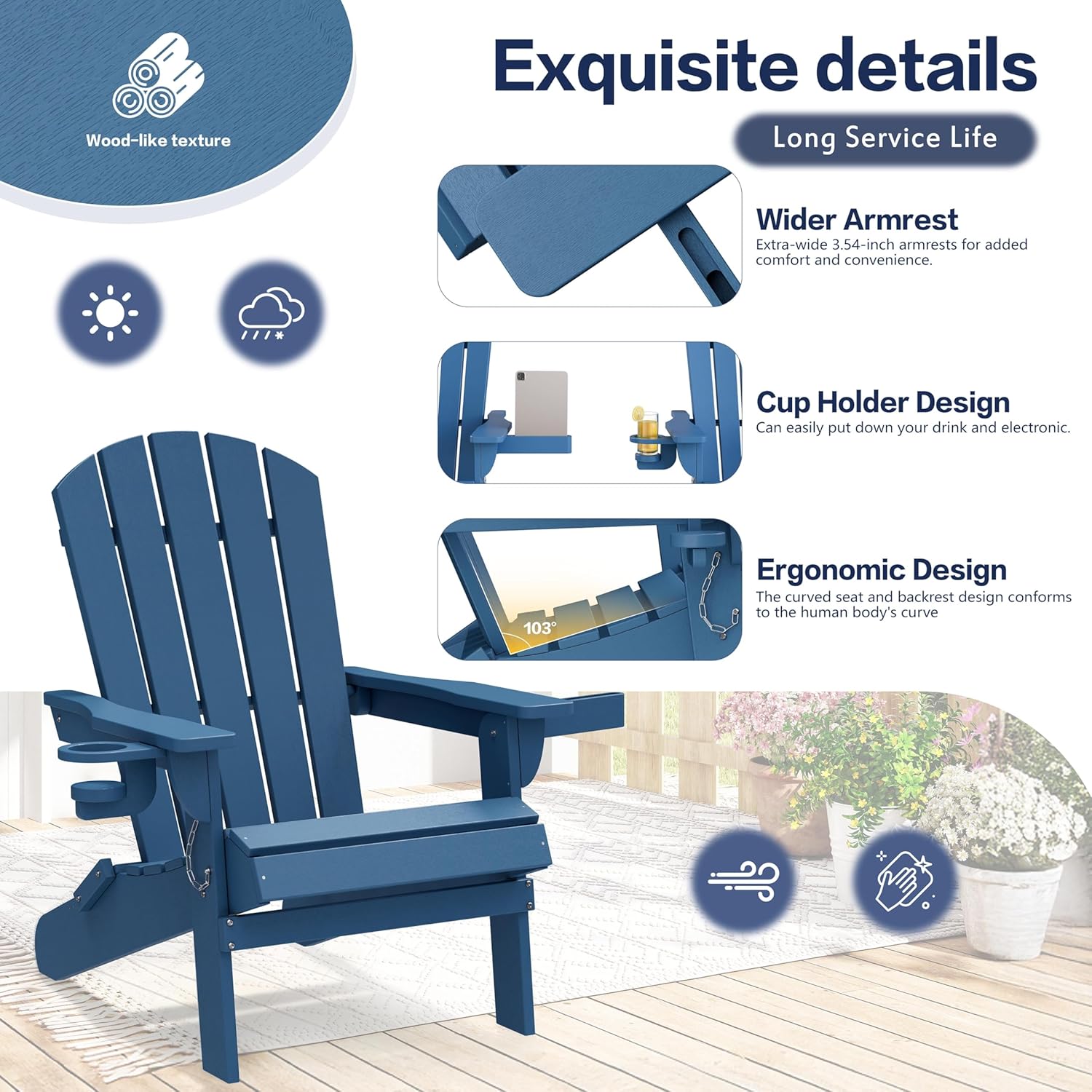 Vongrasig Folding Adirondack Chair, Outdoor Fire Pit Chair HDPE Plastic Weather Resistant Adirondack Chair with Cup Holder for Patio, Poolside, Deck, Garden, Navy Blue