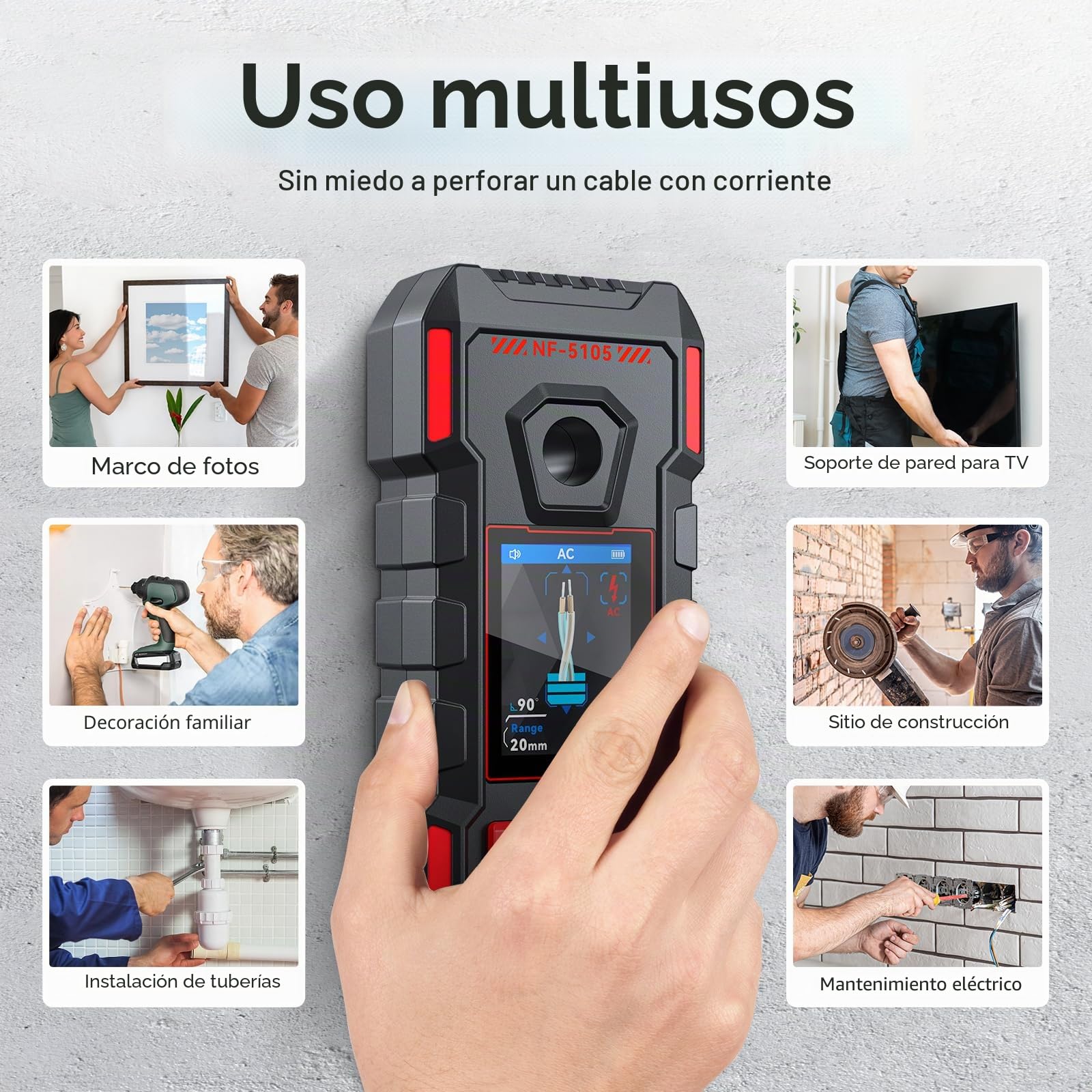 Buscador de pernos para paredes, escáner de pared recargable con chip inteligente mejorado para pernos de madera, metal, cables de CA, vigas, tuberías, compatible con pantalla LCD HD y voz