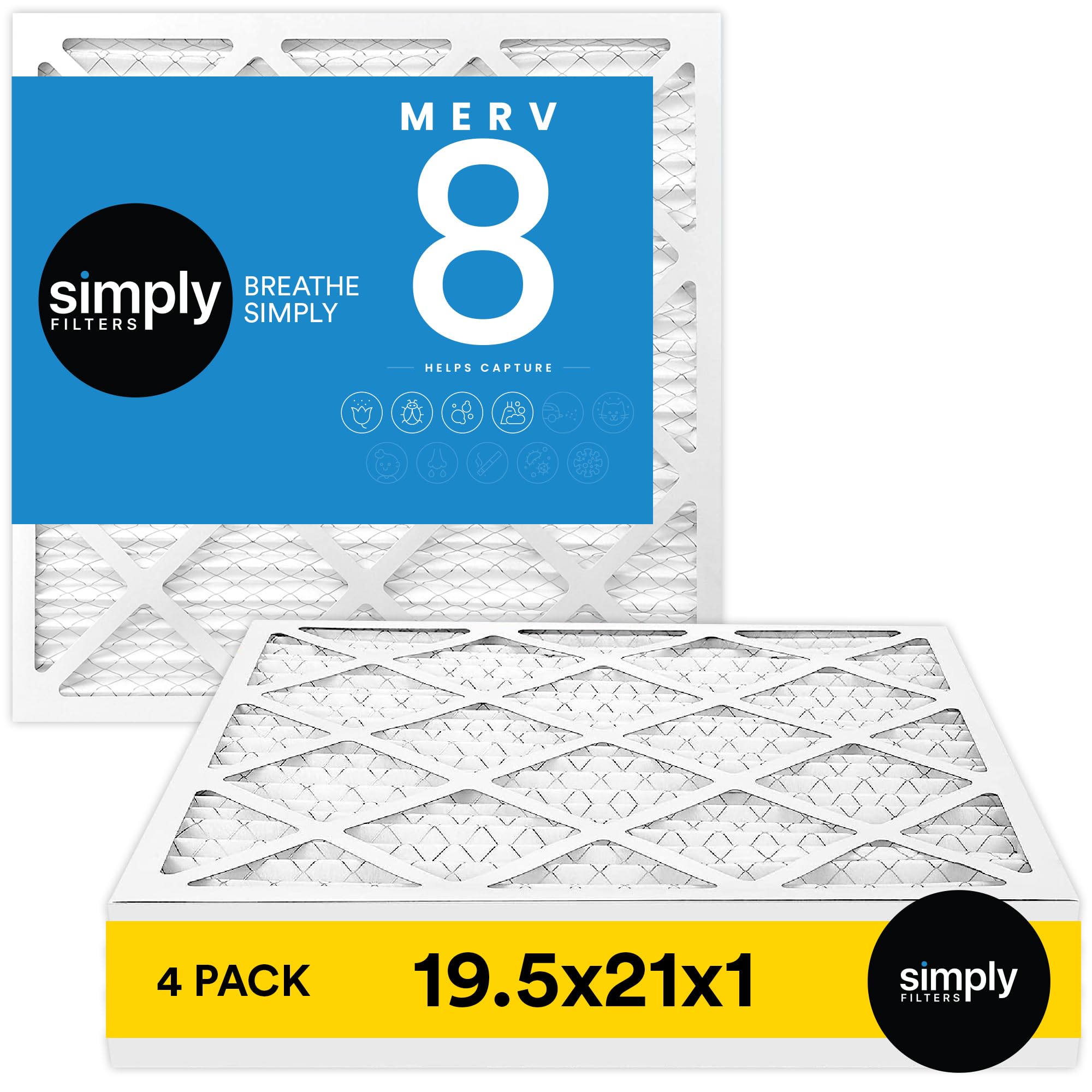 Simply 19.5x21x1 Air Filter, Merv 8, 4 Pack, For Home AC Furnace & HVAC (Actual Size: 19.5x21x0.75") DUST, Pet, & Allergy Control