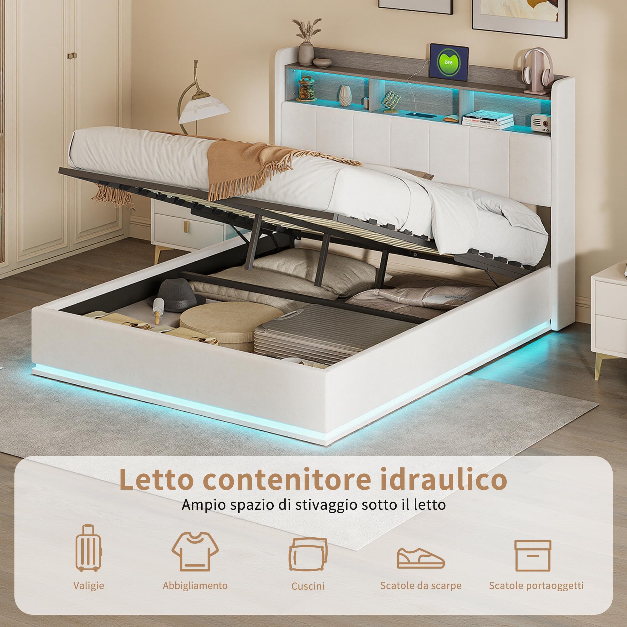 Letto contenitore imbottito 160x200 con LED e USB,Letto matrimoniale con idraulica contenitore,Lettos a pavimento imbottito con doghe,Testiera con vano portaoggetti, Bianco (160 x 200 cm)