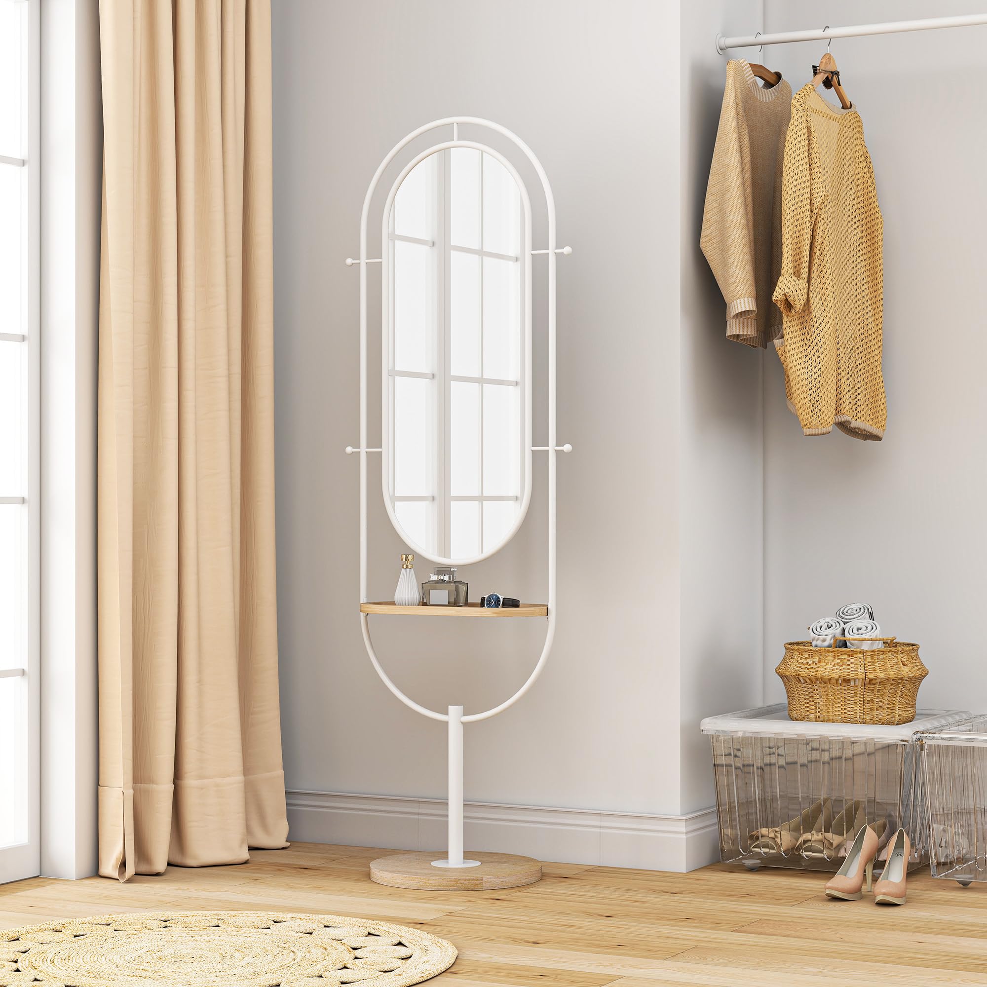 HOMCOM Espejo de Cuerpo Entero 175,5x50 cm con Bandeja de Madera y 4 Ganchos Espejo de Pie con Marco de Metal para Dormitorio Salón Blanco
