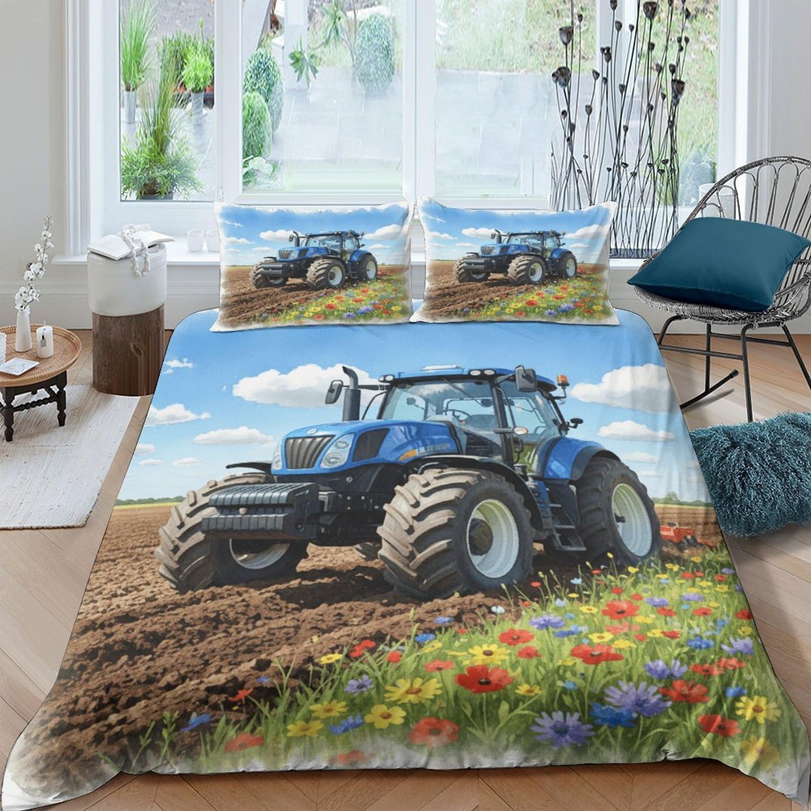 Ctjqhvkz Style-5 3D Printed Blue Tractor Fitted Sheet Microfiber Wildflower Field Bed Cover For Bedroom Guest Room Mattress Protection Single（135X200cm）