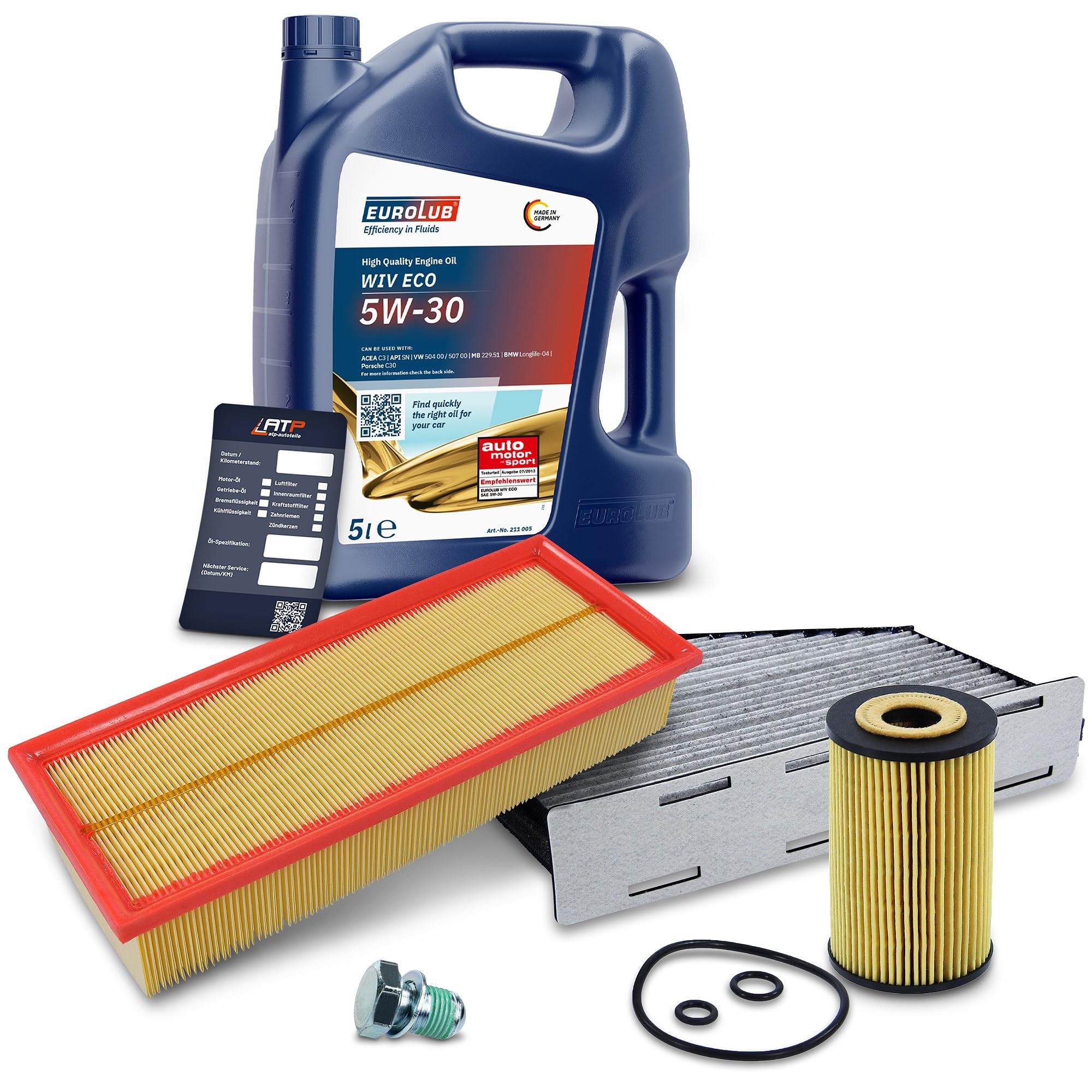 BESTPRICE Inspektionspaket Filterset mit 1x Ölfilter, 1x Luftfilter, 1x Innenraumfilter (Aktivkohle), 1x Ölablassschraube mit Dichtring, 1x Motoröl 5W-30 EUROLUB WIV ECO SAE 5 l