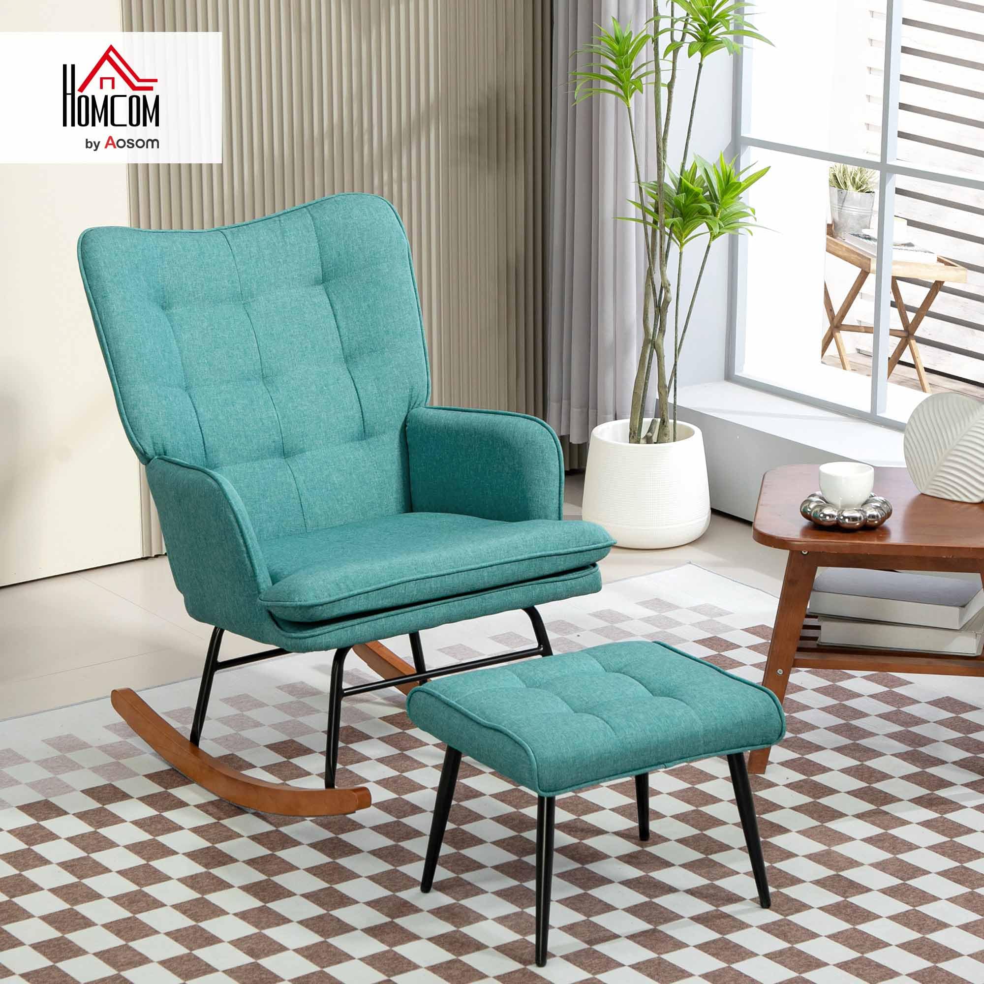 HOMCOM Silla Mecedora con Reposapiés, Sillón de Relax, con Cojín Acolchado, Respaldo Alto, Reposabrazos y Patas de Madera, Carga 130 kg, para Salón, Dormitorio, Verde Azulado