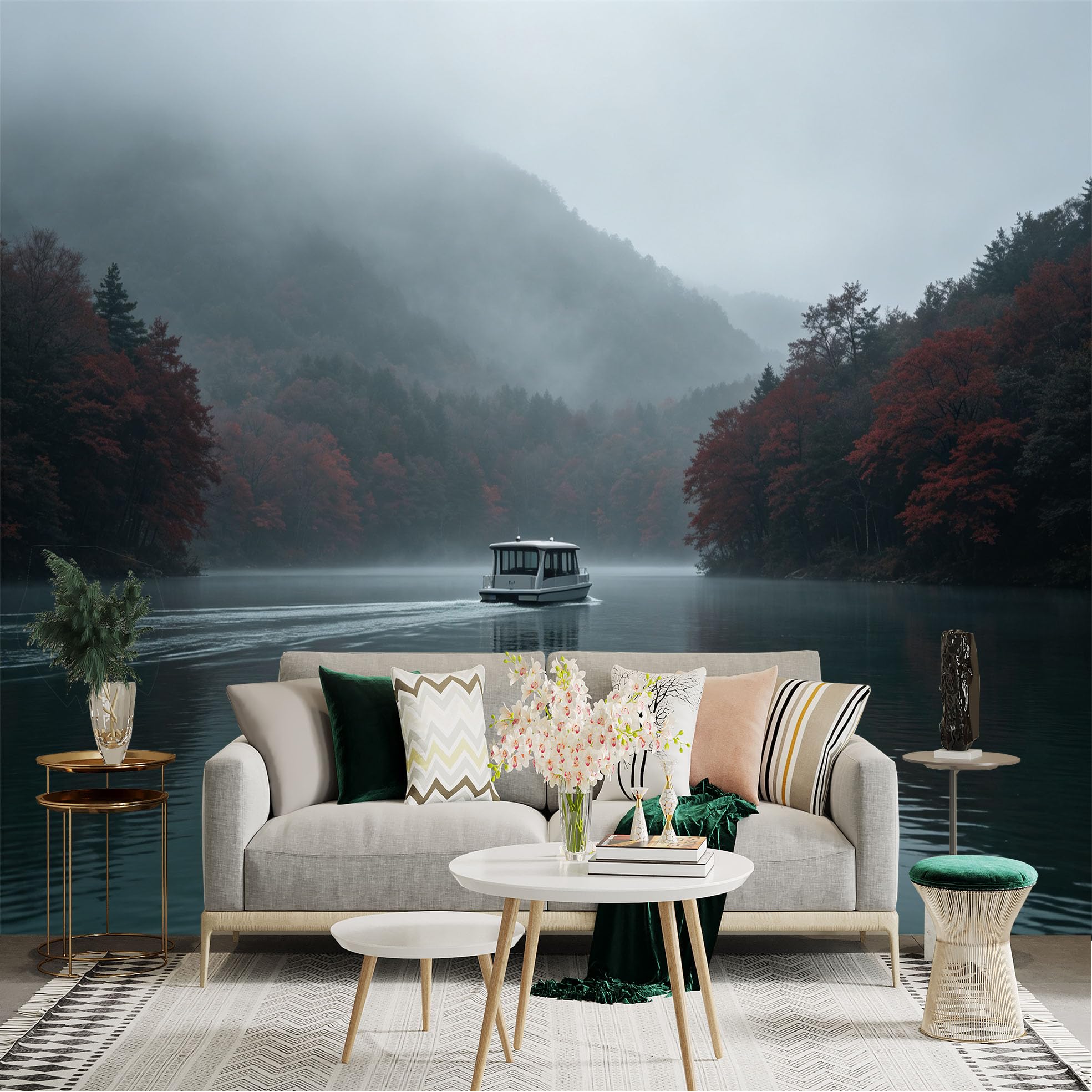 Custom Size Wall Sticker Mural， Misty Lake with Boat， Autumn Forest Scenery， Calm Morning Water， Nature Landscape， for wall Decoration， peelandstick wall Decals.