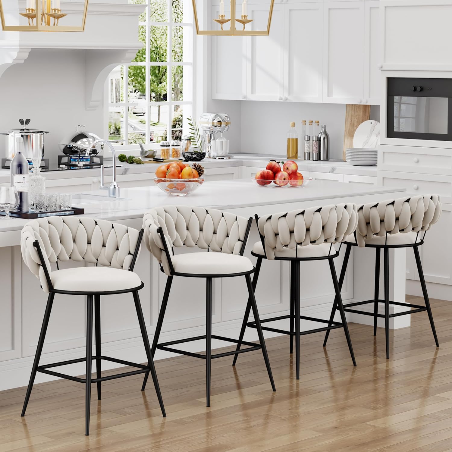 HAOBO Home 24" Counter Height Bar Stools Metal Barstools Set of 4 Modern Bar Chairs with Woven Back (Beige)