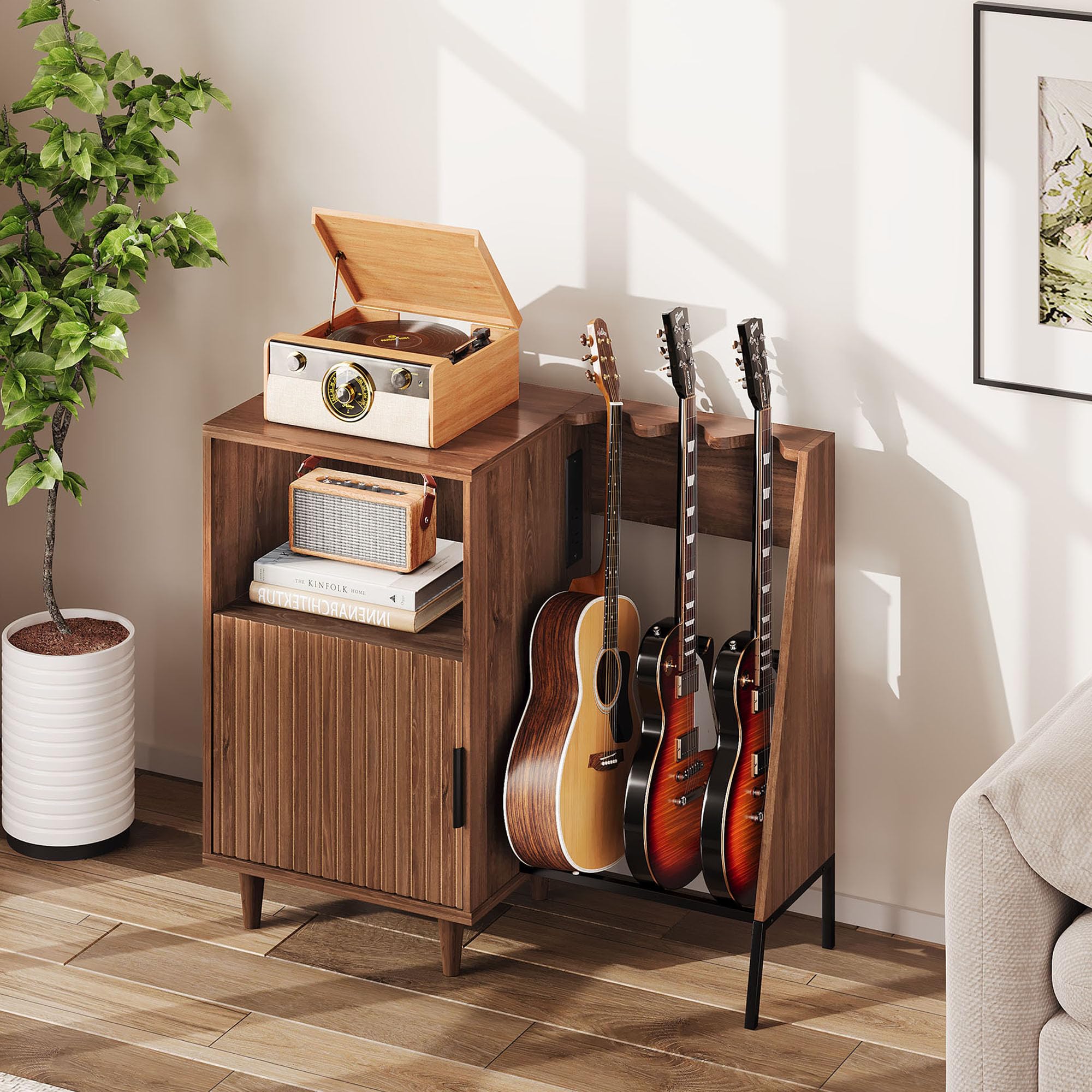 Mobile Giradischi e Porta Vinili in Legno, Mobile Hi-Fi Vintage Mid-Century con Supporto per 3 Chitarre e Prese Integrate, Scaffale Porta Dischi per Soggiorno e Camera