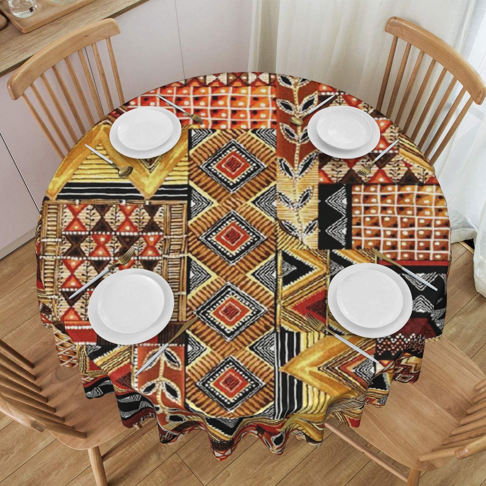 DCEHGEW 60 In Round Tablecloth with Lace, African Textile Patchwork Printed Oilproof & Washable Fabric Picnic Table Cloth Table Covers