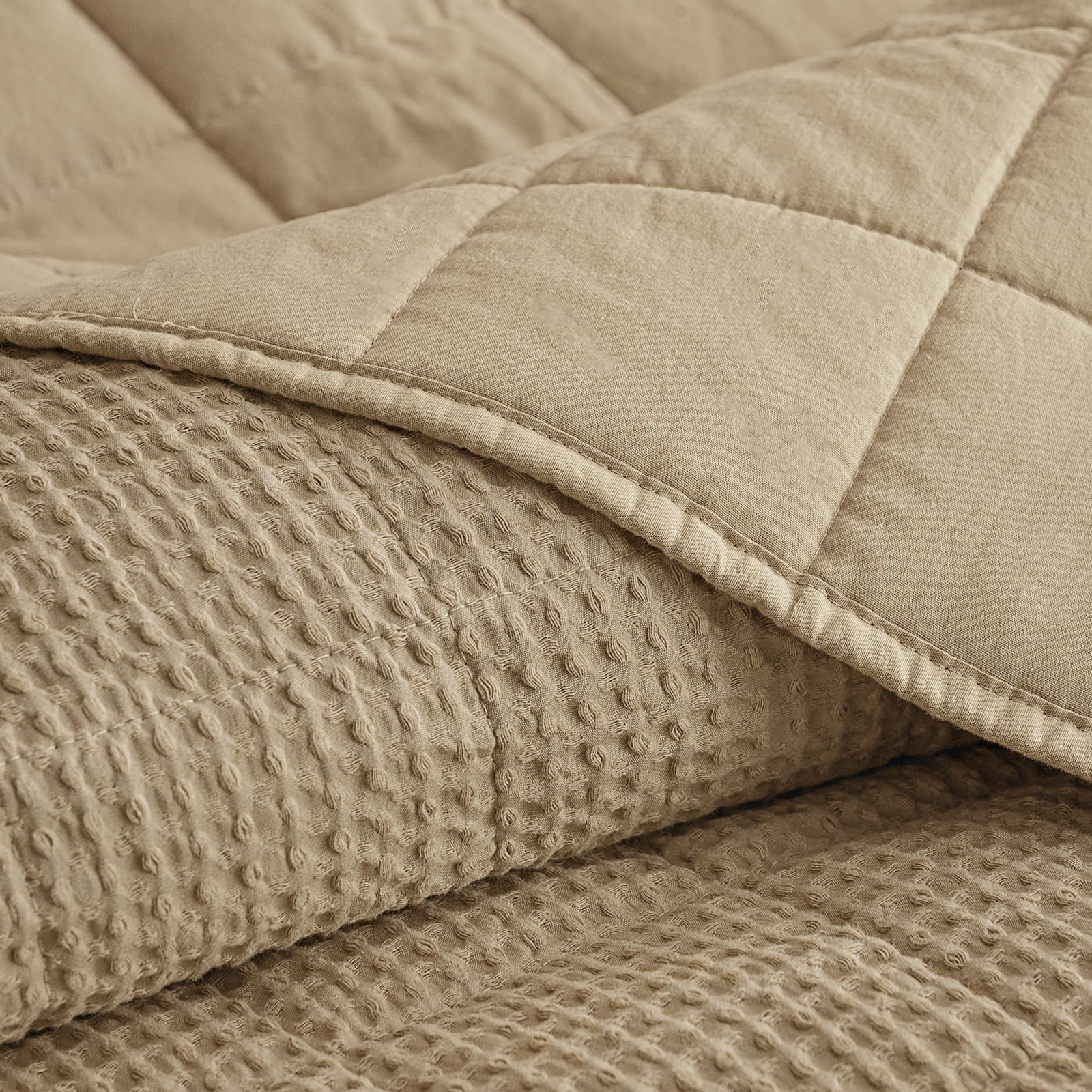 phf 100% washed cotton waffle quilt set queen size(90"x90")-lightweight with square-box channel, cozy quilted bedspread set, home decor, 1 soft coverlet with 2 matching shams, khaki
