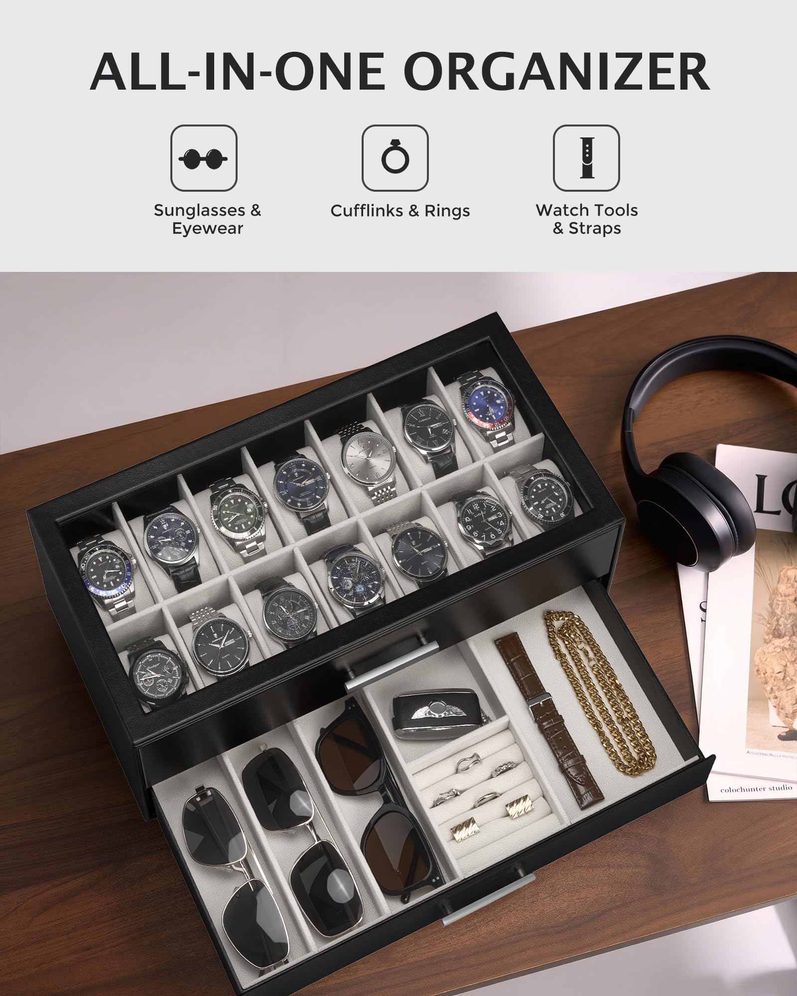 ProCase Coffret Montres 14 Emplacements avec Tiroirs Coulissants Superposés, Boîte à Montres avec Couvercle Transparent, Rangement Élégant pour Montres et Accessoires -Noir