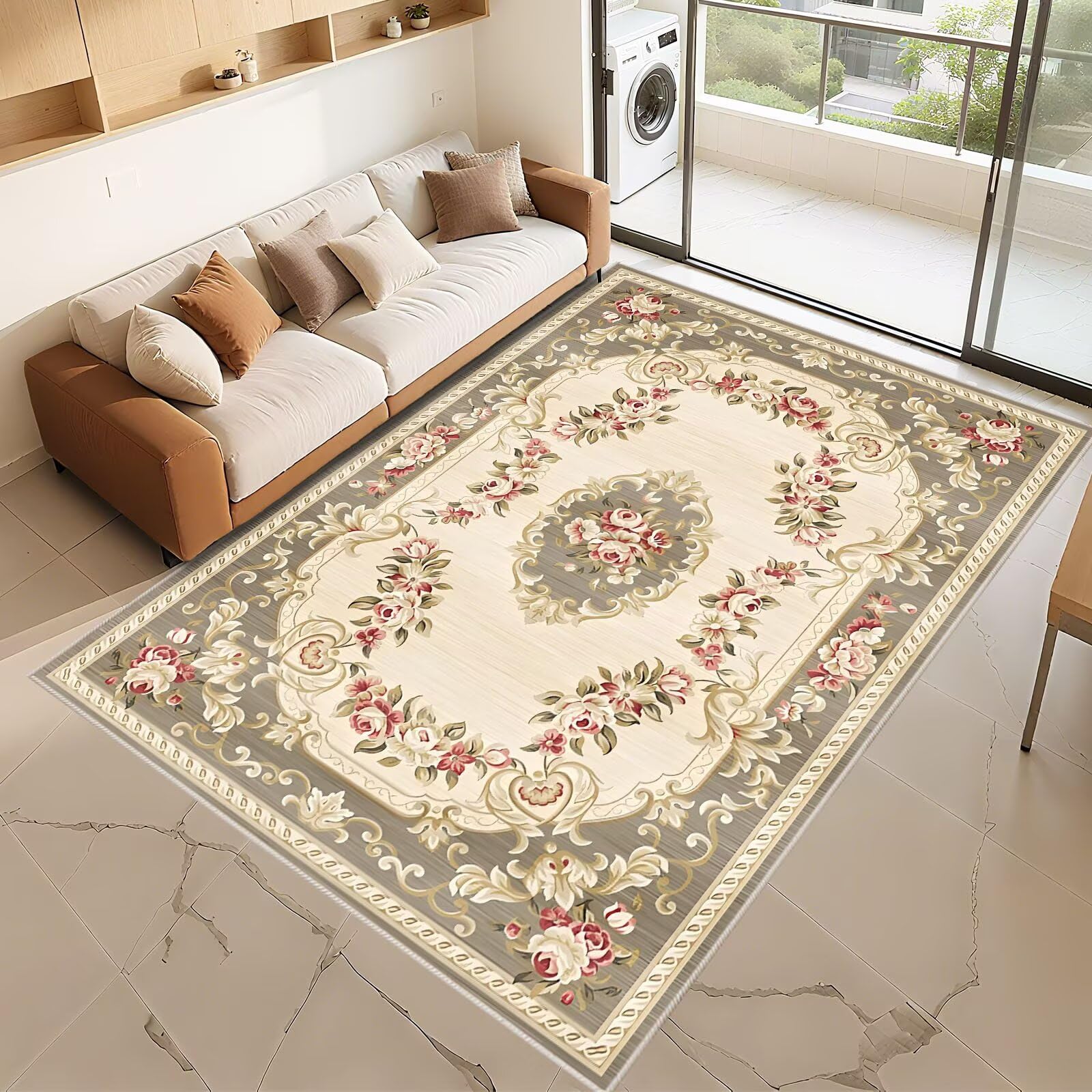 Anti Rutsch Teppich Bettvorleger Beige Grau 180x270cm, Weich Gross Moderne Blumenmuster für das Wohnzimmer am Bettrand