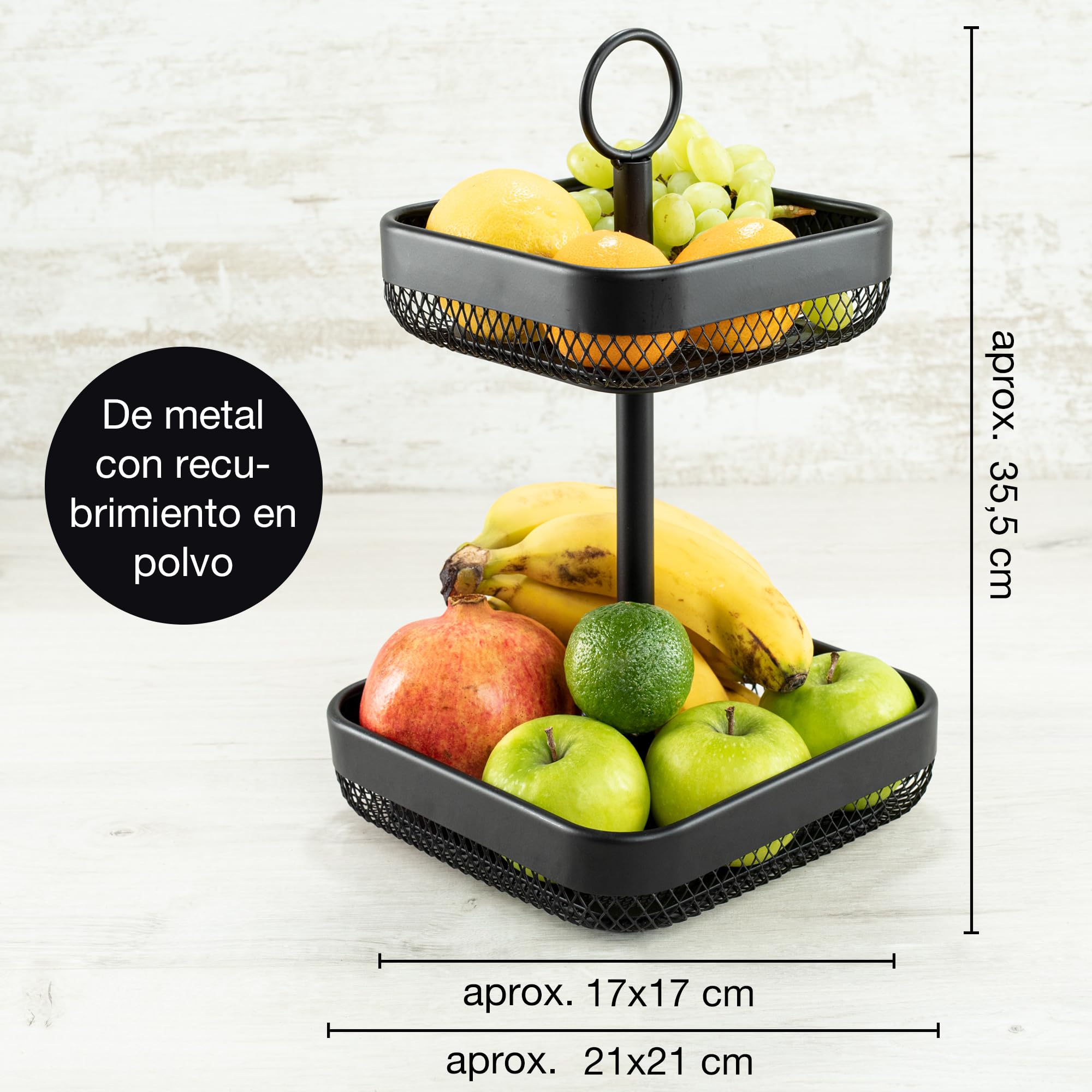 Frutero De Metal 2 Pisos Negro - Cesta Almacenamiento Frutas Moderna 30x42 Cm
