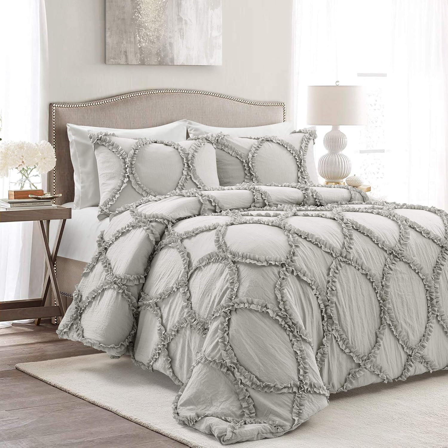 Lush Decor Light-Gray Riviera 3-Piece Comforter Set, Luxury Bedding (Queen)