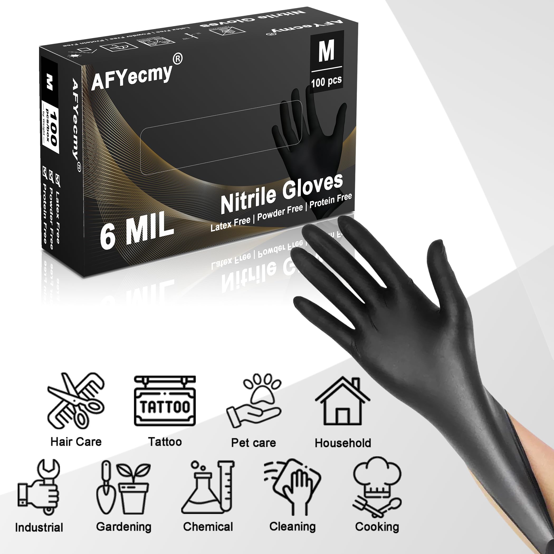 6 Mil Schwarze Nitrilhandschuhe, 100 Stück Premium Puderfreie Einweghandschuhe, Reißfest, Anti-Rutsch-Design für Industrie, Reinigung, Kochen, Wartung, Friseure, Haustierpflege (Medium)