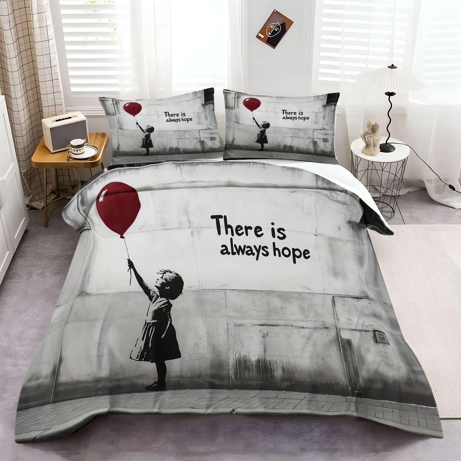 Arte Callejero Funda Nórdica 150 x 200 cm Funda Edredon La Niña Sostiene Un Globo Rojo Diseño para Dormitorio de los niños, Cama Individual Cama 90, + 2 Fundas de Almohada