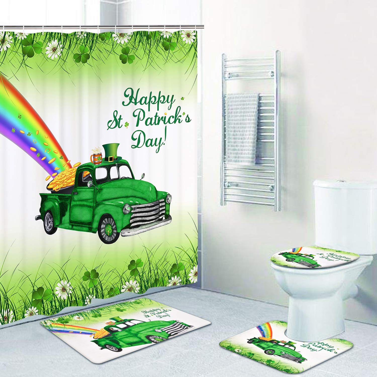 Alishomtll 4Pcs Happy St.Patrick's Day Shower Curtain Sets with Non-Slip Rugs, Toilet Lid Cover and Bath Mat, Green Car Hat Clover Rainbow Shower Curtain with 12 Hooks, Durable, Waterproof, Bath Room