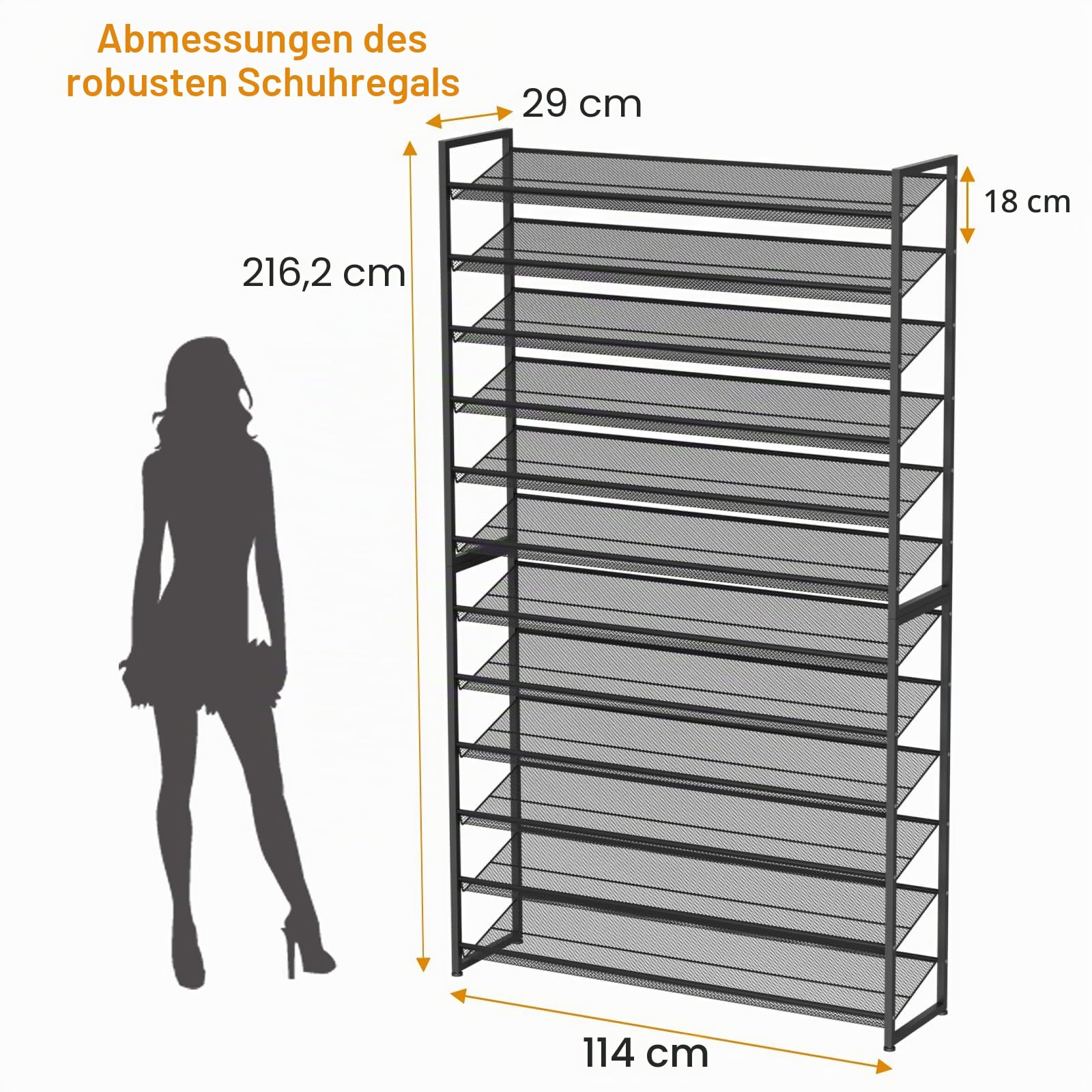 12-stufiger Schuhorganizer, Schwerlast-Metall 6-stufig stapelbares Schuhaufbewahrungs-Vertikalregal für Kleiderschrank, Haustür, Eingang, bis zu 75 Paar, 44,8" B x 11,4" T x 85,1" H, Schwarz