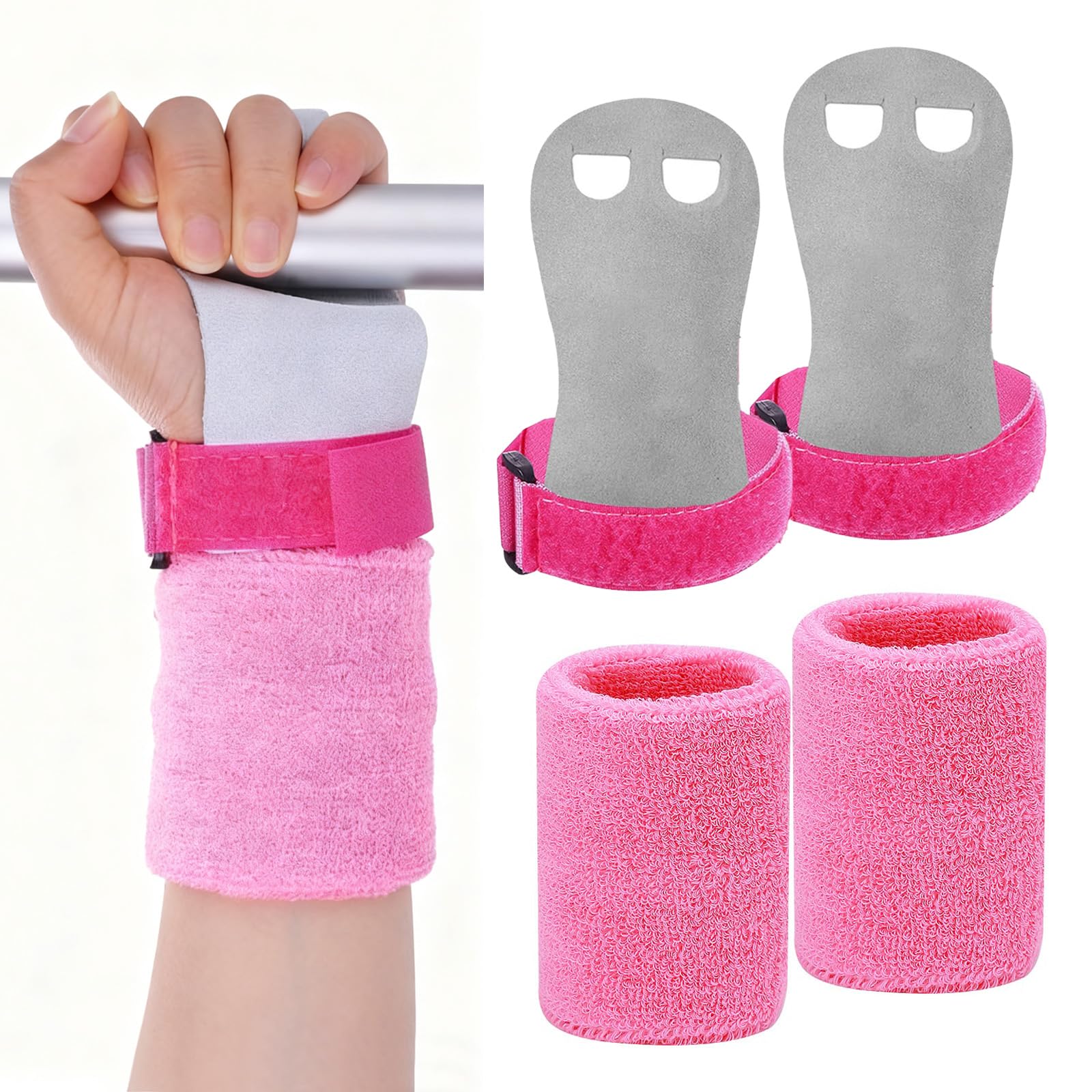 2 paia di cinghie elastiche per bambini, guanti da ginnastica per bambini, con bracciali, manopole regolabili per bambini, imbottiture per crossfit, bodybuilding, calistenica, pesi (rosa)