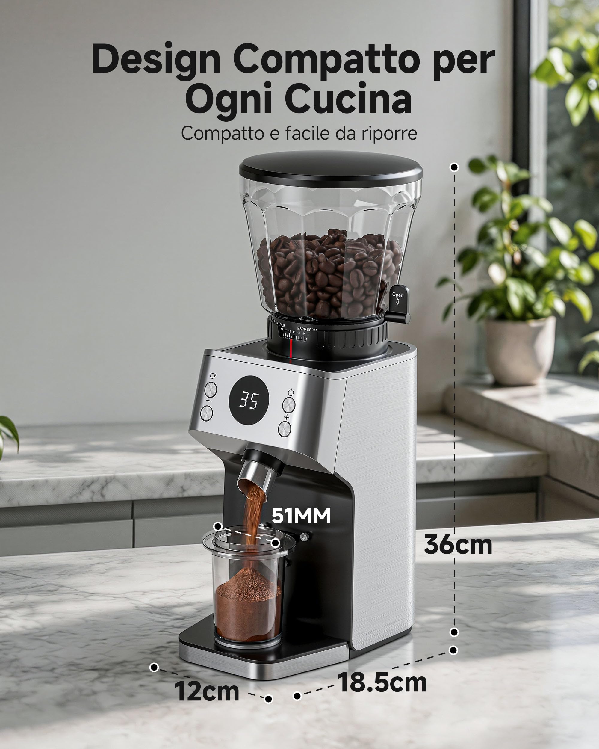 AAOBOSI Macinacaffè Elettrico, 45 Livelli, Macine Coniche in Acciaio | Sistema antistatico al plasma, memoria, timer programmabile, contenitore chicchi 300 g, per espresso e caffè filtro