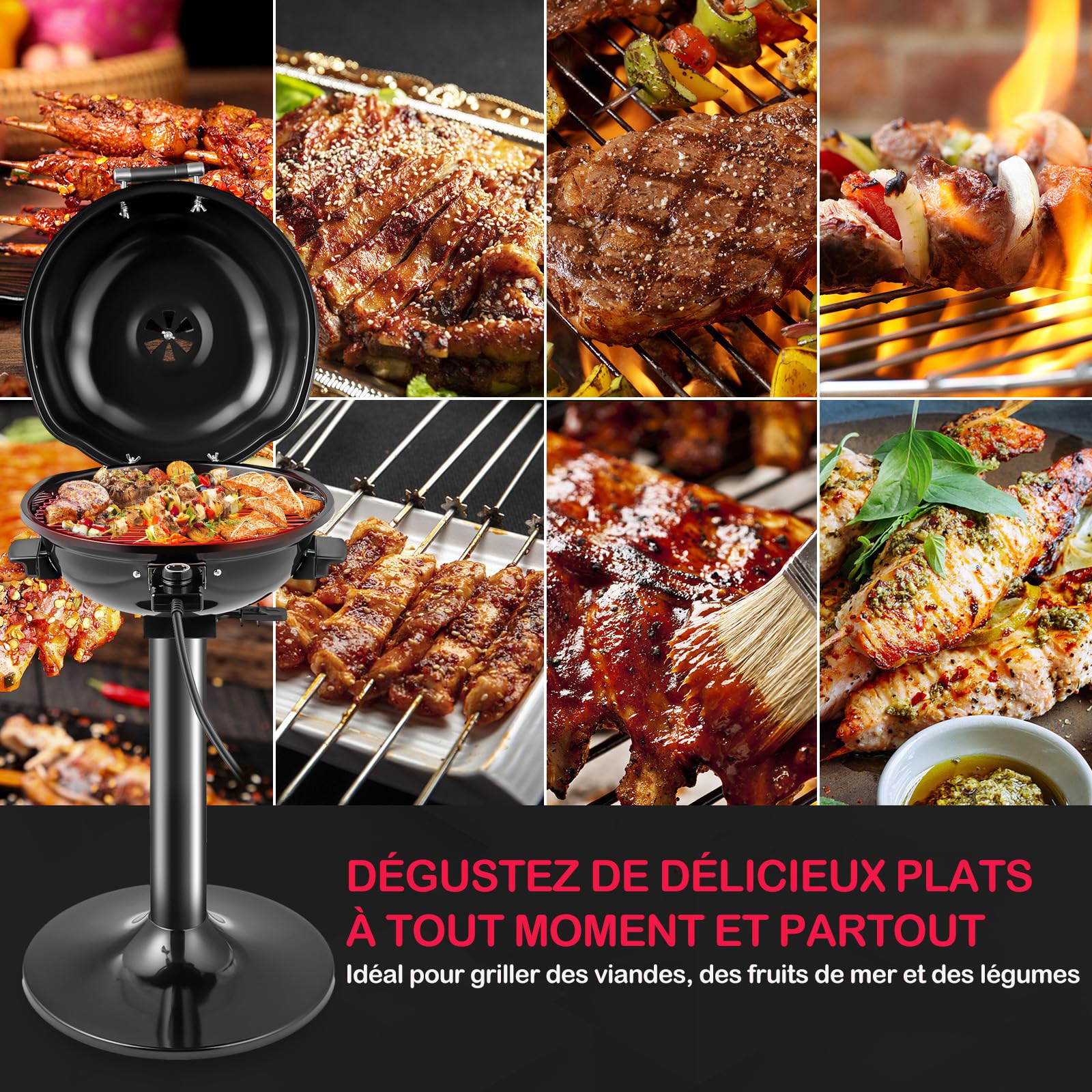 GYMAX Gril Barbecue Électrique sur Pied, Température 93-218°C, Puissance 1600W, Usage Intérieur et Extérieur, Portable avec Support pour Terrasse Balcon Cuisine Jardin