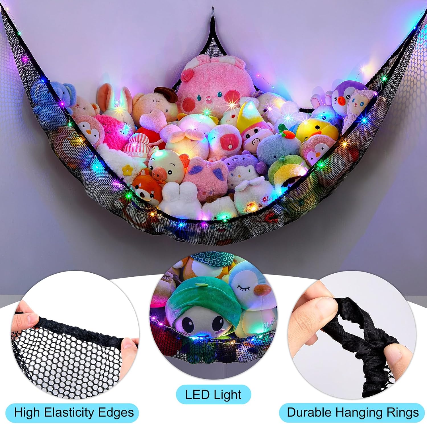 Unicorn Castle Stuffed Animals Net or Hammock Kids Toy Storage Organizer with LED Light Hanging Corner Stuffed Animals Holder Kids Girls Room Decor,Black,XLarge (Pack of 1) 4 81AiLZQzteL. AC SL1500