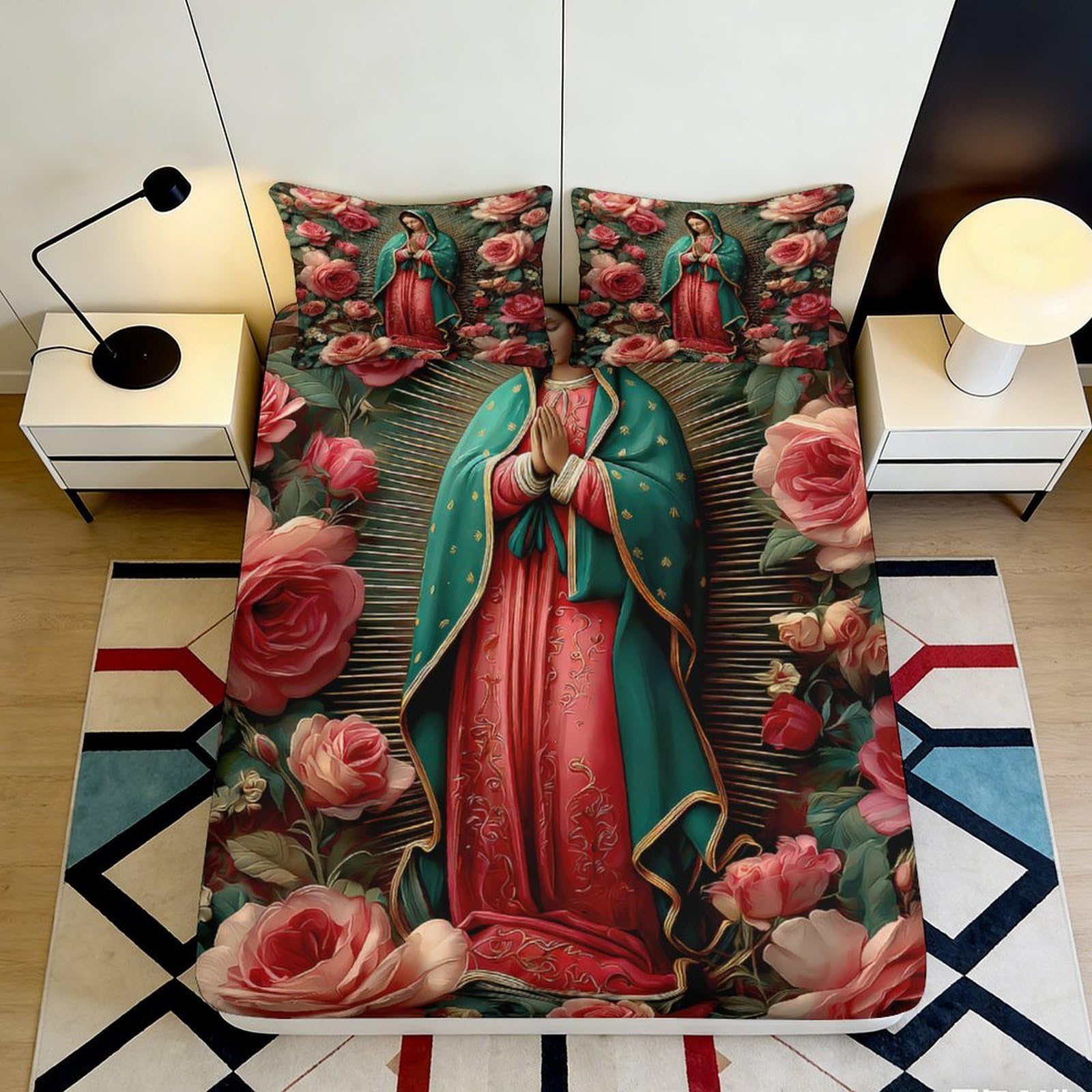 Pnayamiorkfel Style-8 3D Printed Virgin Of Guadalupe Fitted Sheet Microfiber Floral Rose Bed Cover For Bedroom Guest Room Decor 90X200x25cm