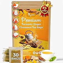 30 Bags Premium Turmeric Ginger Cinnamon Tea, Improve Digestion, Support Brain, Weight, Skin and Sleep, Eco-Conscious Tea Bags and Premium Natural Ingredients. Turmeric Ginger Herbal Tea. No Sugar, No Caffeine, No Gluten, Vegan.